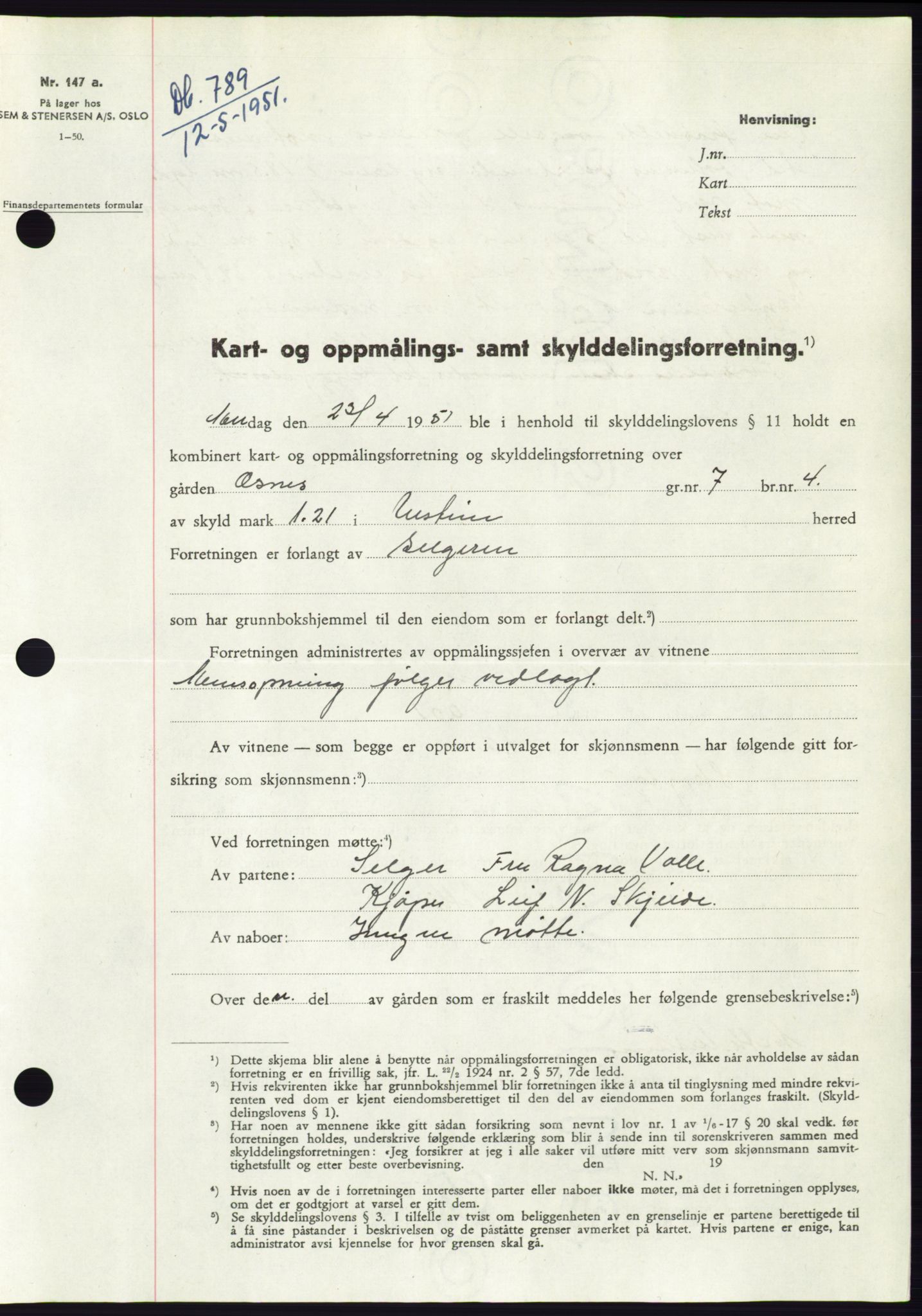Søre Sunnmøre sorenskriveri, SAT/A-4122/1/2/2C/L0089: Pantebok nr. 15A, 1951-1951, Dagboknr: 789/1951