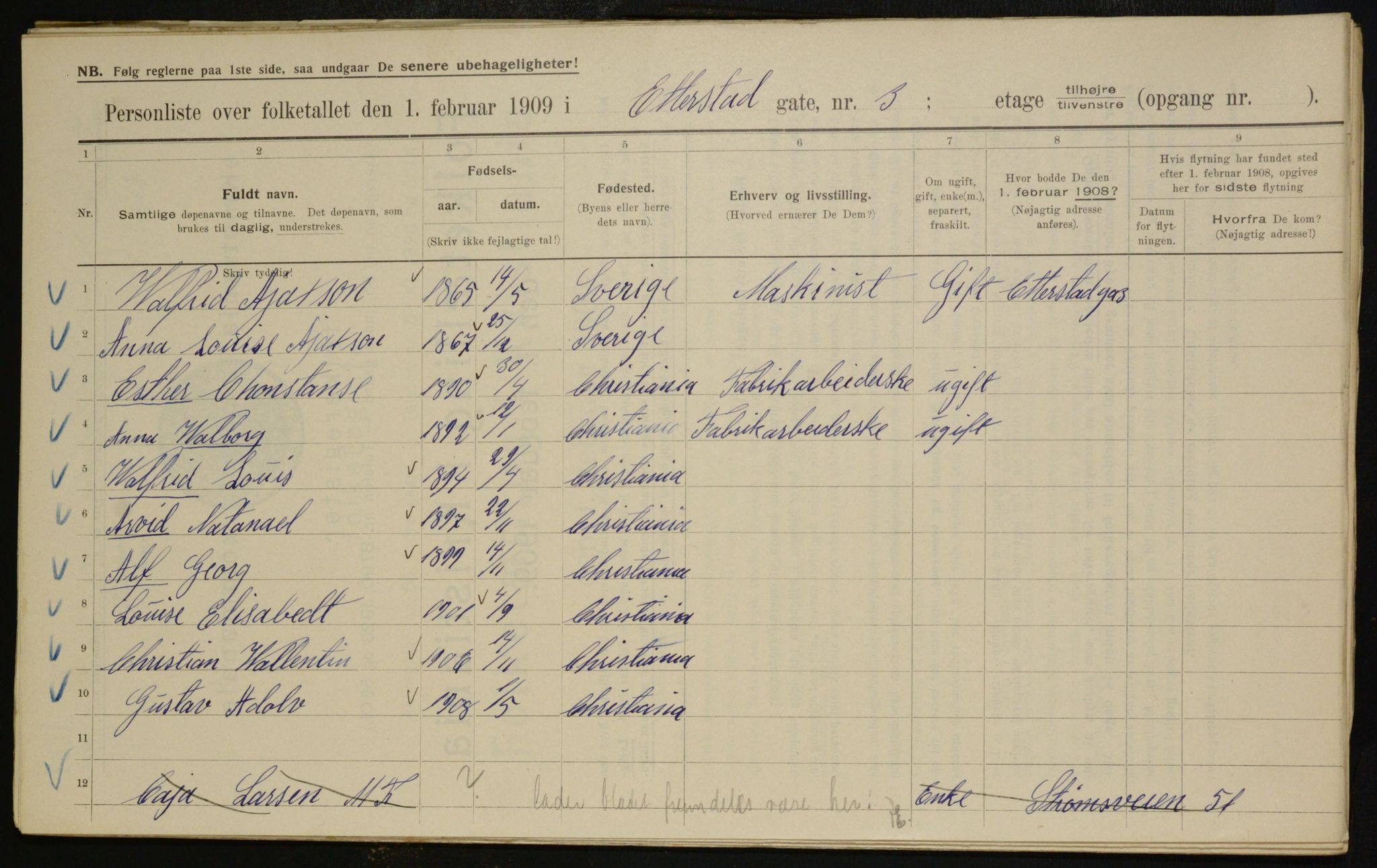 OBA, Kommunal folketelling 1.2.1909 for Kristiania kjøpstad, 1909, s. 20186