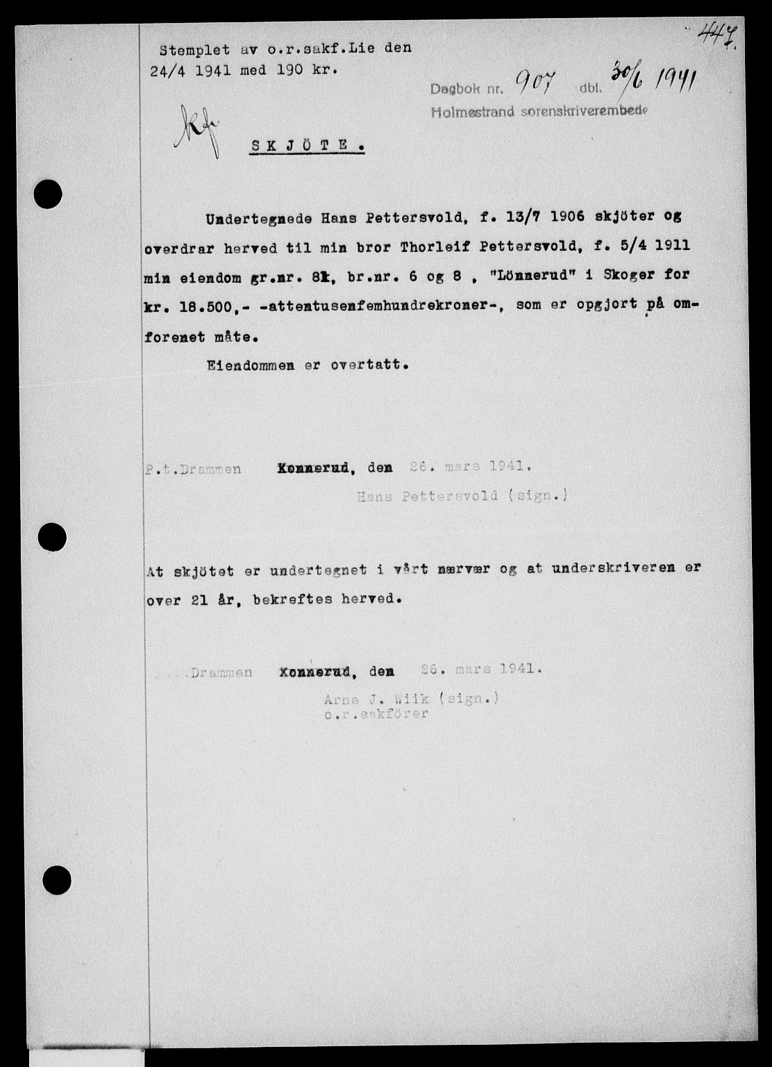 Holmestrand sorenskriveri, SAKO/A-67/G/Ga/Gaa/L0053: Pantebok nr. A-53, 1941-1941, Dagboknr: 907/1941