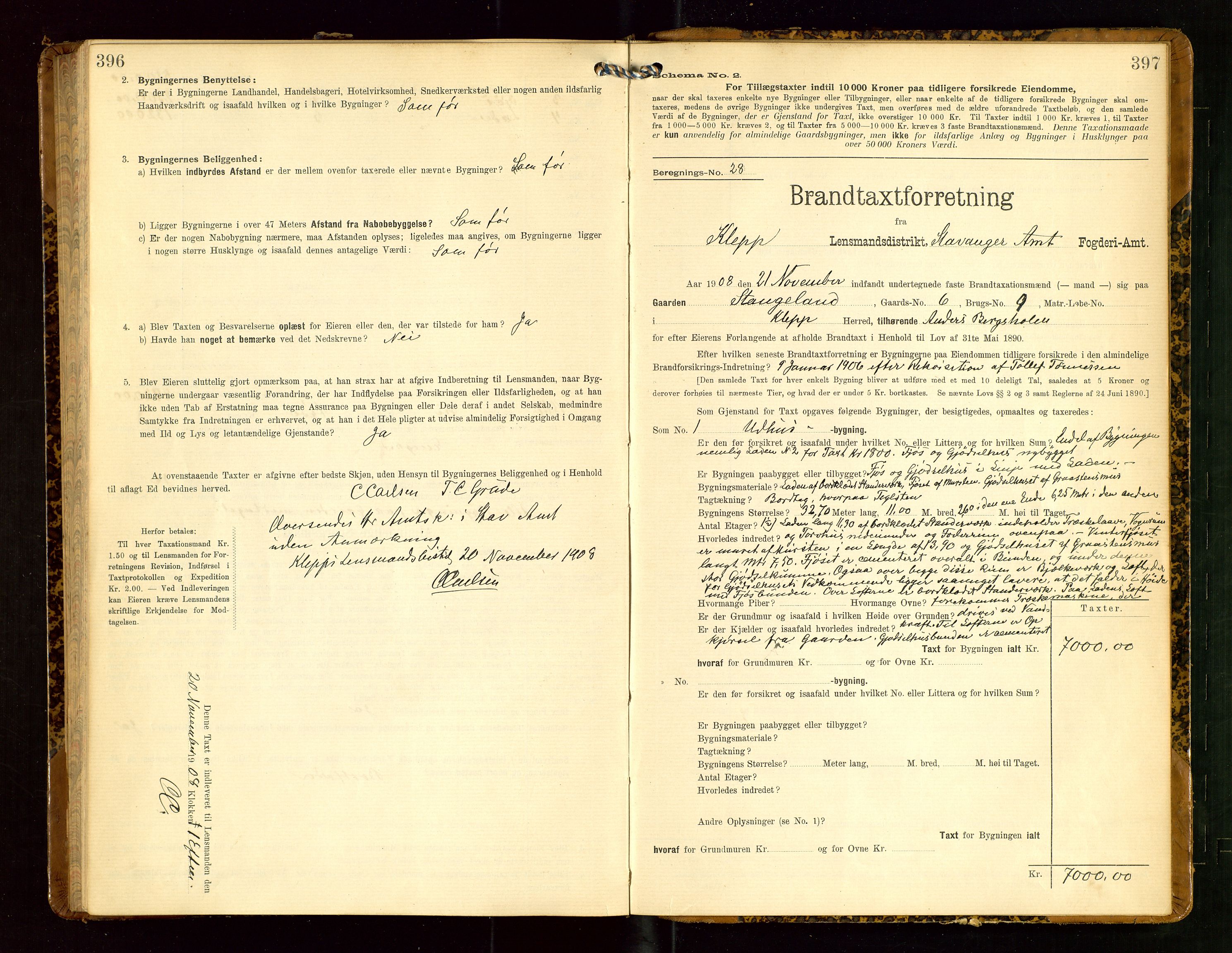 Klepp lensmannskontor, AV/SAST-A-100163/Goc/L0005: "Brandtaxationsprotokol" m/register, 1908, s. 396-397