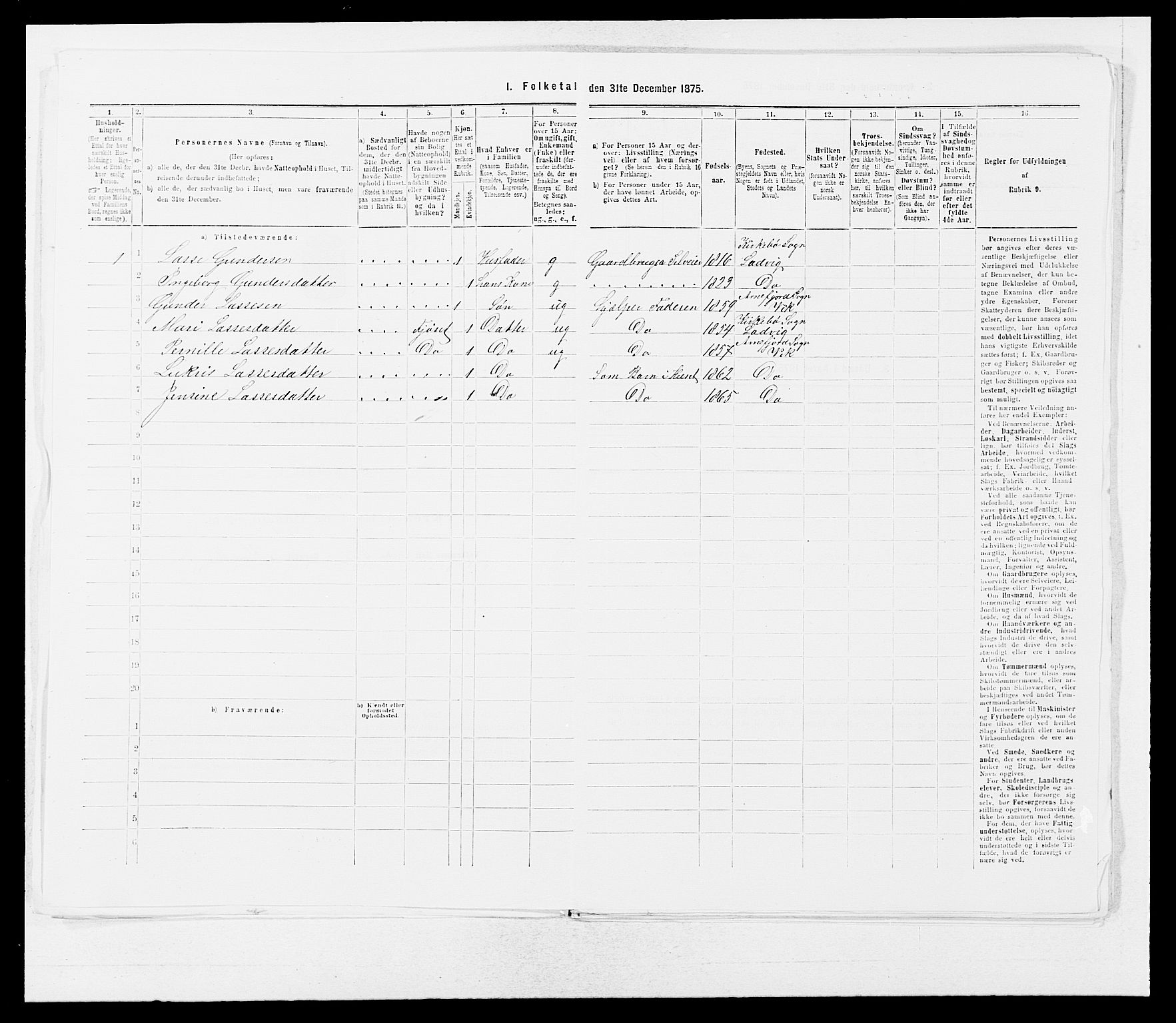 SAB, Folketelling 1875 for 1417P Vik prestegjeld, 1875, s. 165