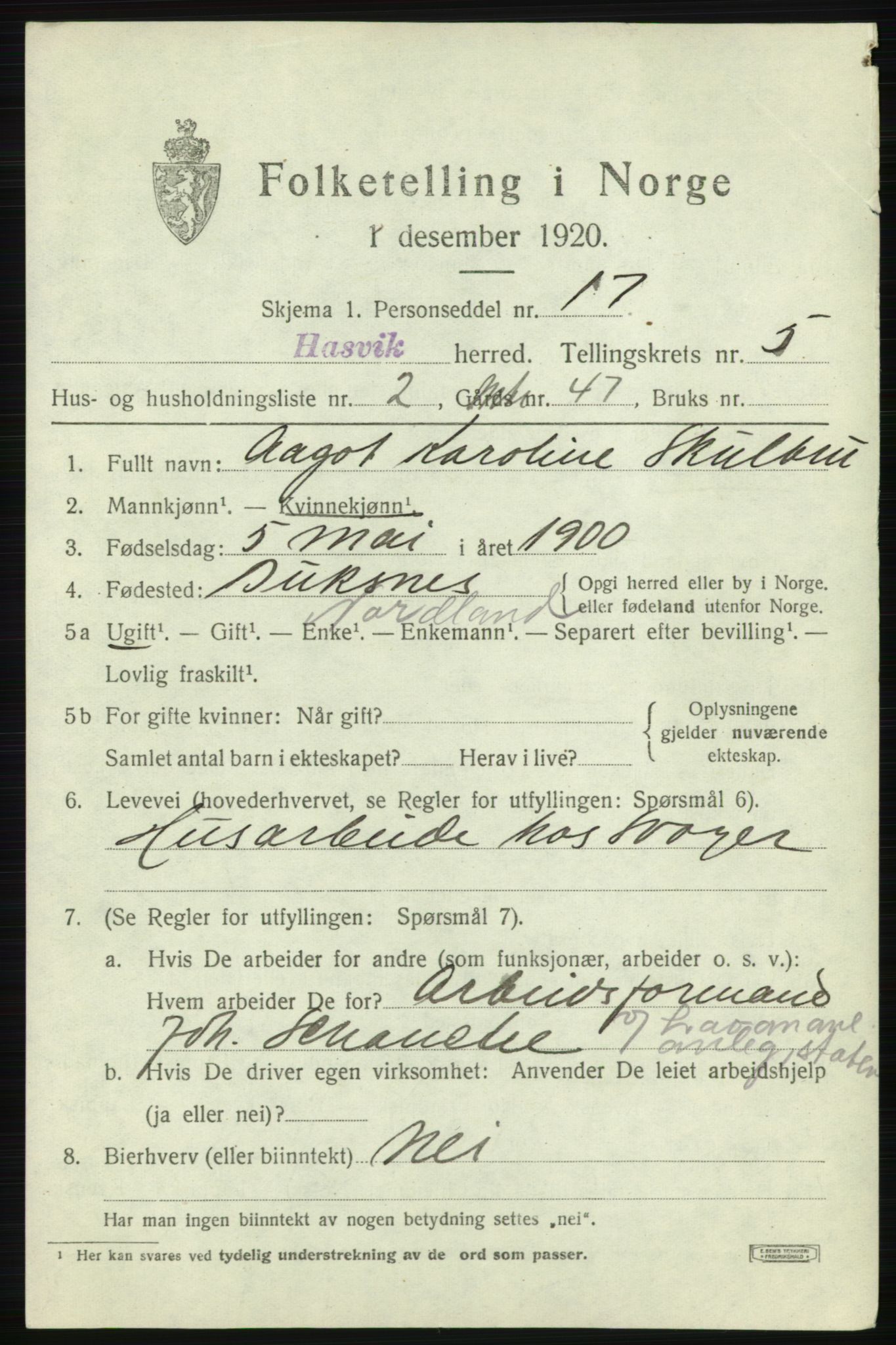 SATØ, Folketelling 1920 for 2015 Hasvik herred, 1920, s. 2357