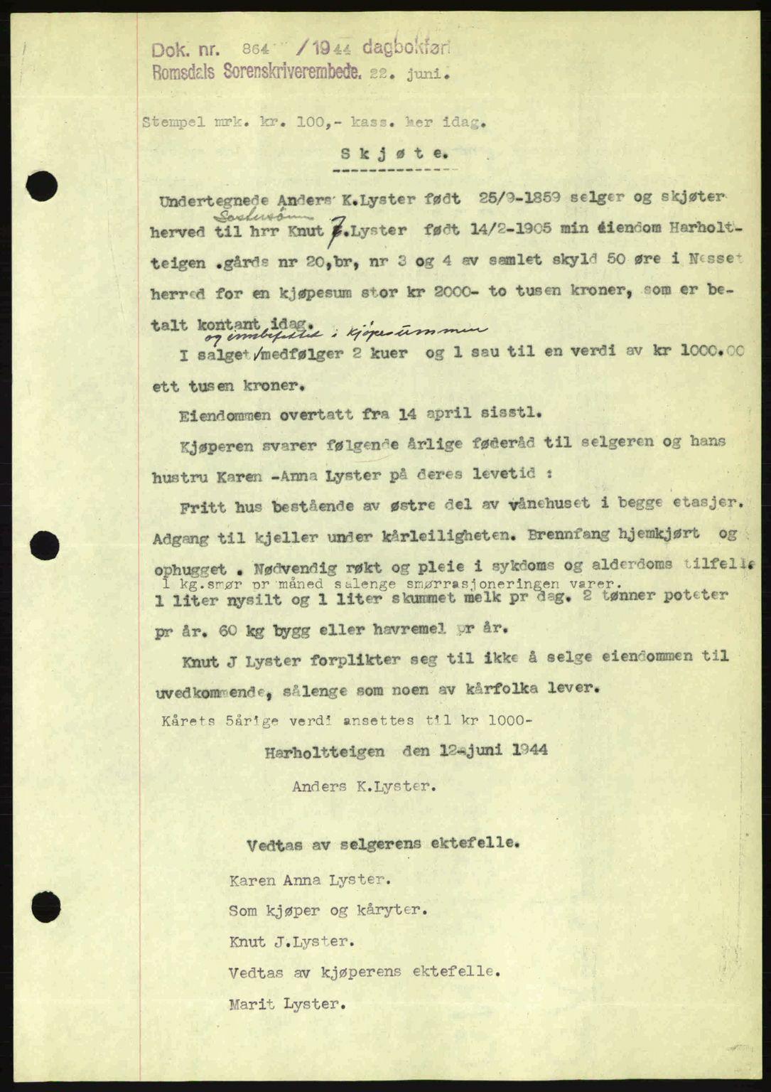 Romsdal sorenskriveri, SAT/A-4149/1/2/2C: Pantebok nr. A16, 1944-1944, Dagboknr: 864/1944