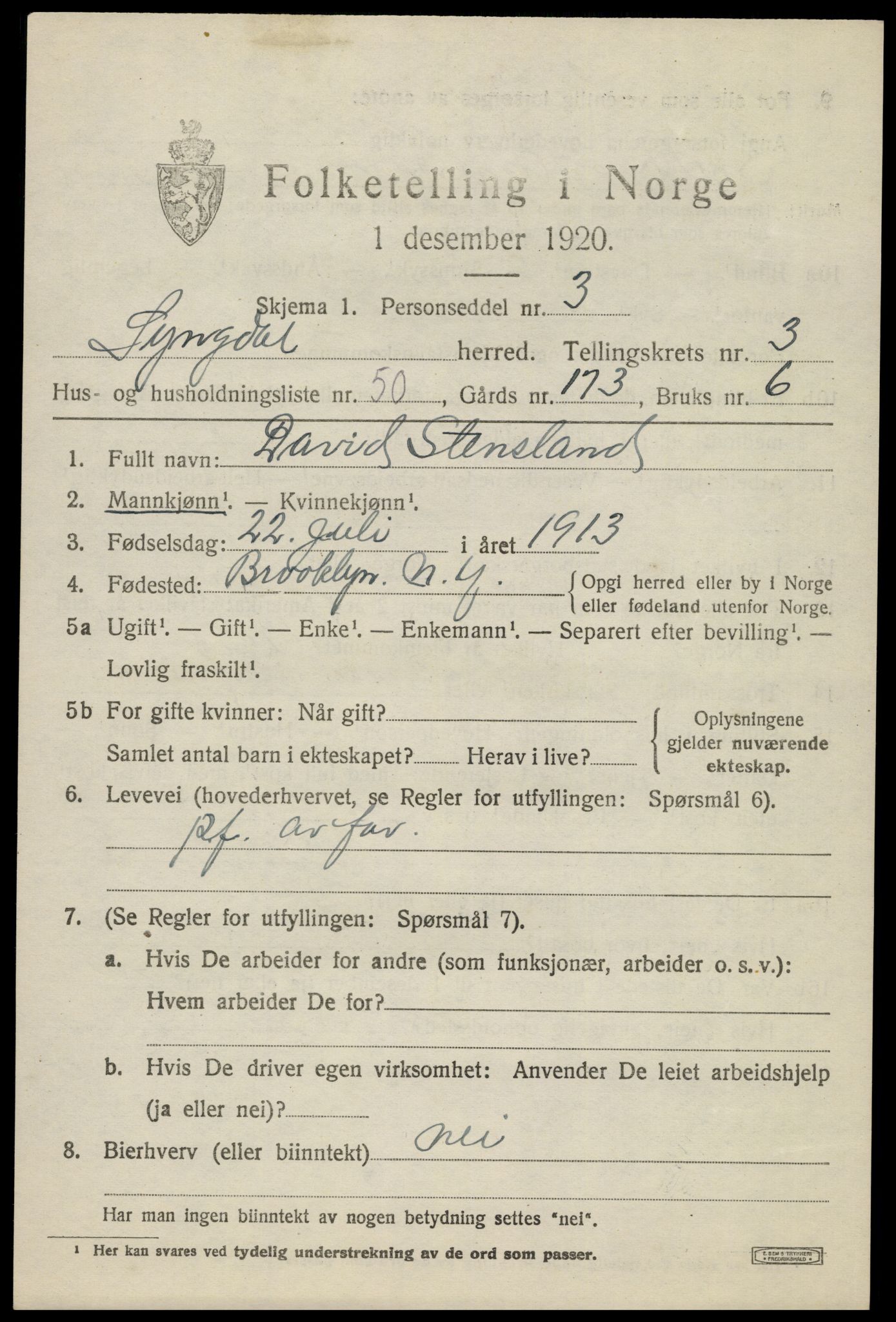 SAK, Folketelling 1920 for 1032 Lyngdal herred, 1920, s. 2327