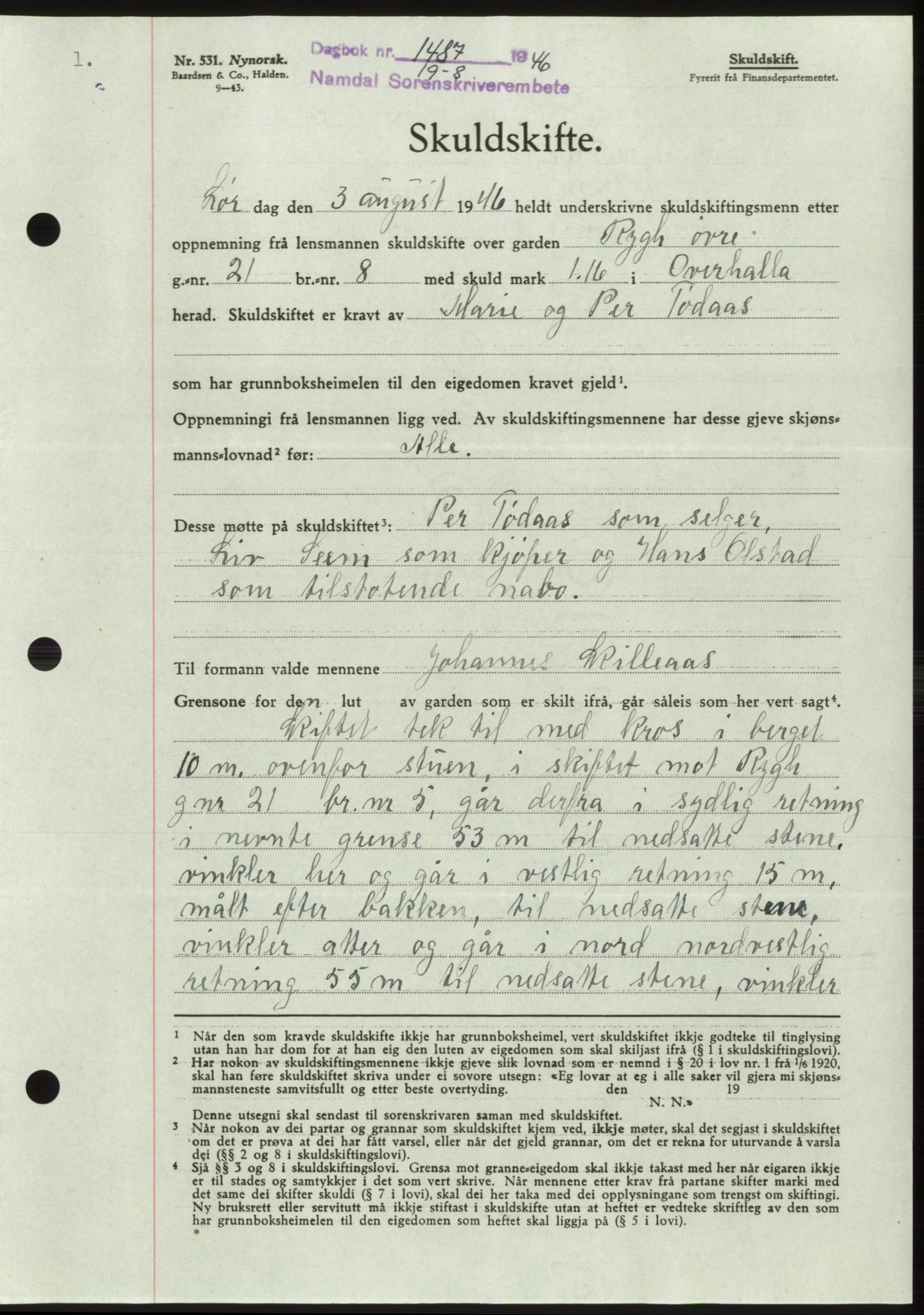 Namdal sorenskriveri, SAT/A-4133/1/2/2C: Pantebok nr. -, 1946-1946, Dagboknr: 1487/1946