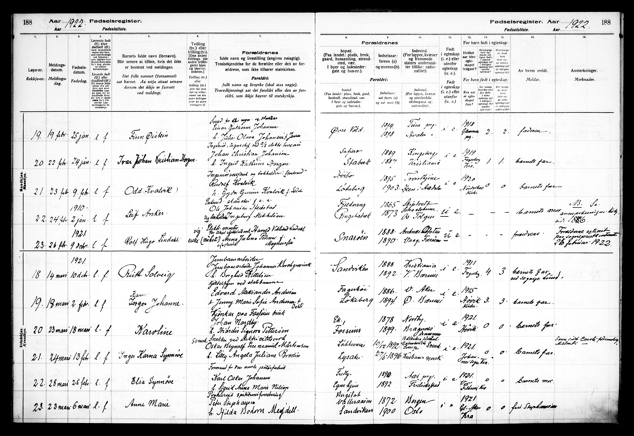 Østre Bærum prestekontor Kirkebøker, AV/SAO-A-10887/J/Ja/L0001: Fødselsregister nr. 1, 1916-1922, s. 188