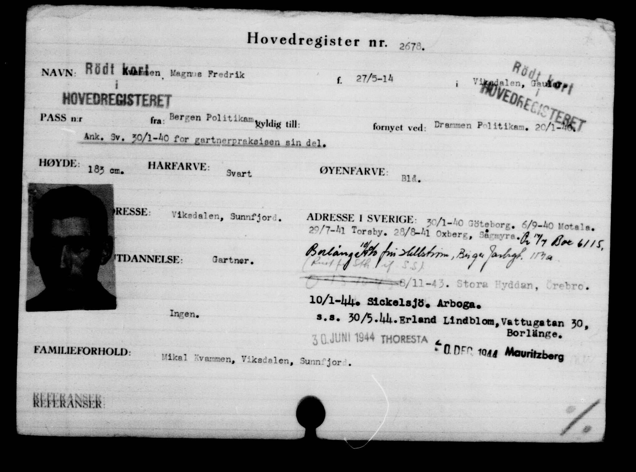 Utenriksstasjonene, Legasjonen i Stockholm, Flyktningkontoret, AV/RA-S-6753/V/Va/L0003: Kjesäterkartoteket, flyktninger med registreringsnr. 2001-3495, 1940-1945, s. 1051