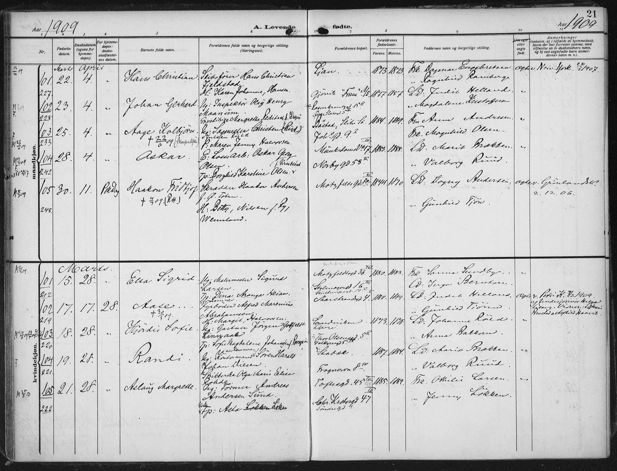 Rikshospitalet prestekontor Kirkebøker, AV/SAO-A-10309b/F/L0014: Ministerialbok nr. 14, 1909-1912, s. 21