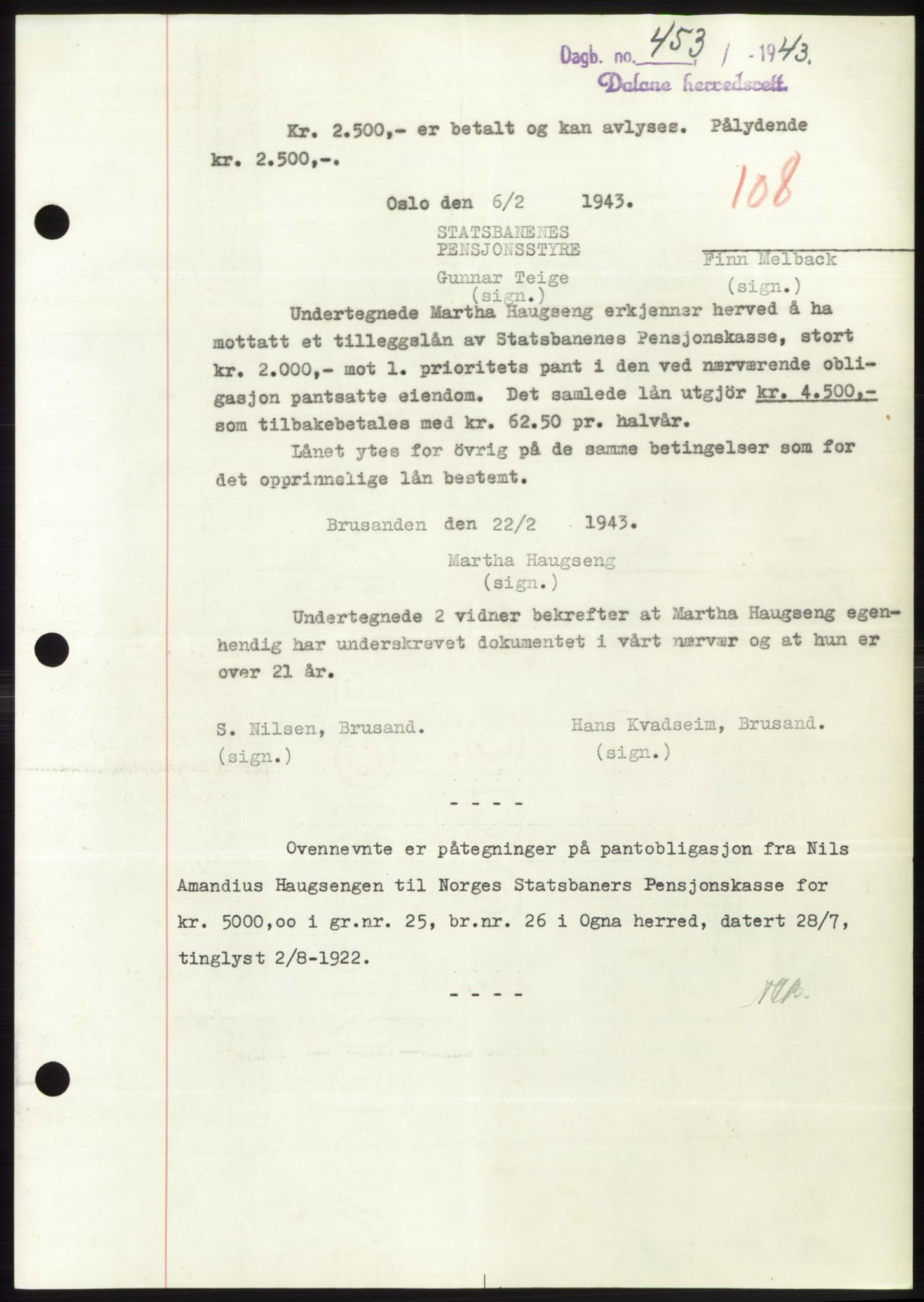 Dalane sorenskriveri, SAST/A-100309/02/G/Gb/L0058: Pantebok, 1926-1950, Tingl.dato: 19.05.1943