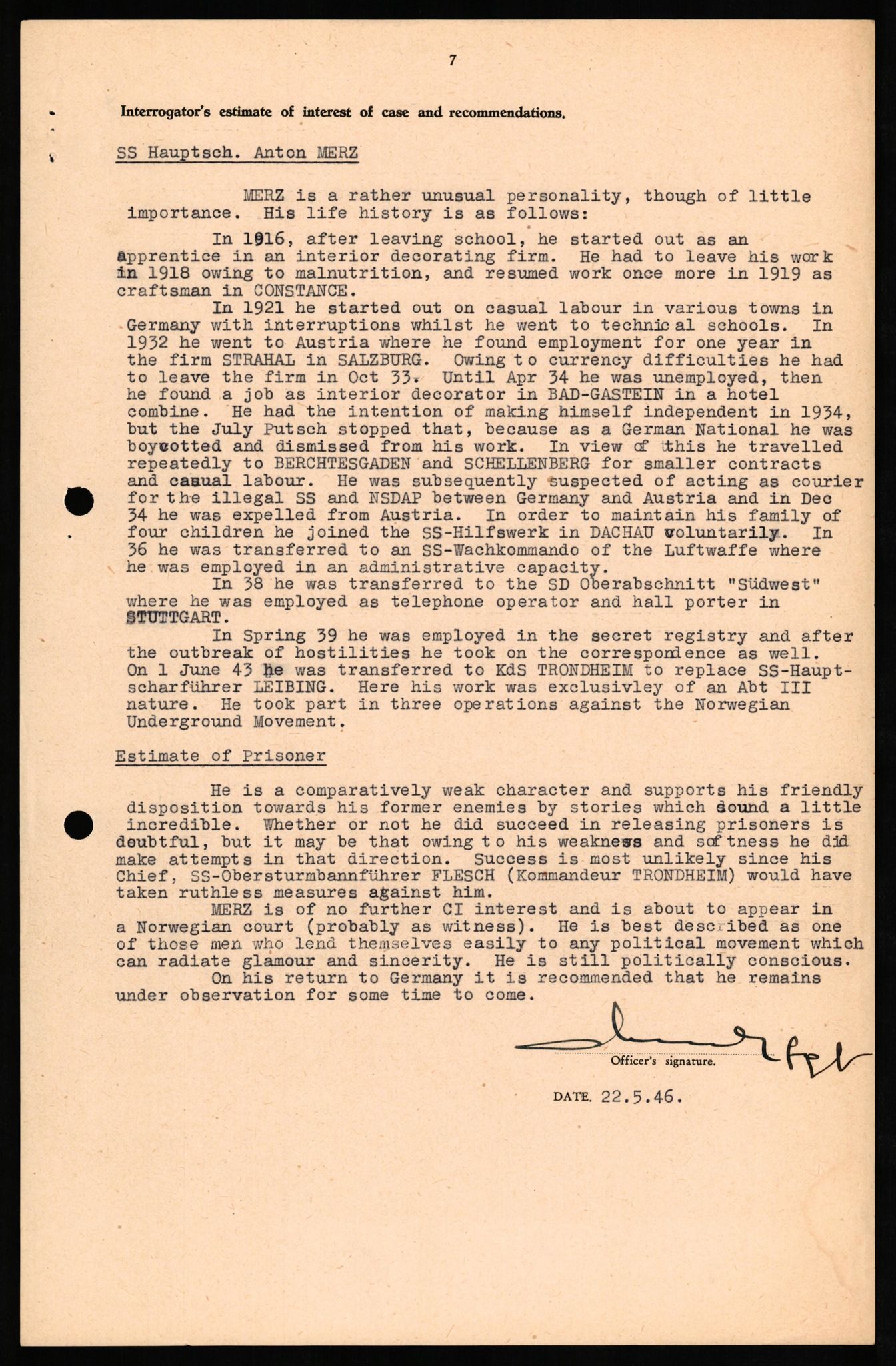 Forsvaret, Forsvarets overkommando II, AV/RA-RAFA-3915/D/Db/L0021: CI Questionaires. Tyske okkupasjonsstyrker i Norge. Tyskere., 1945-1946, s. 433