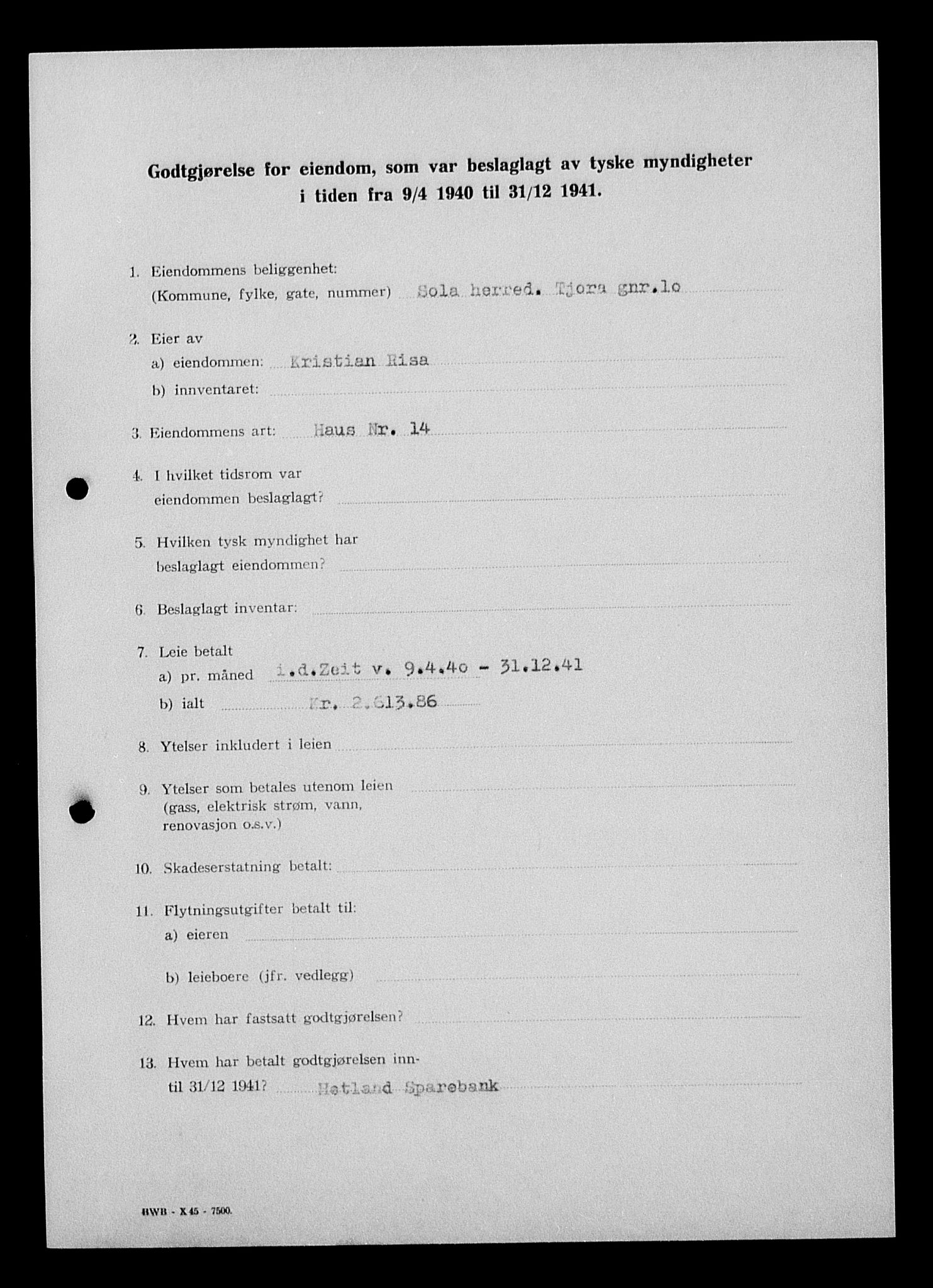 Justisdepartementet, Tilbakeføringskontoret for inndratte formuer, AV/RA-S-1564/I/L1015: Godtgjørelse for beslaglagt eiendom, 1940-1941, s. 103