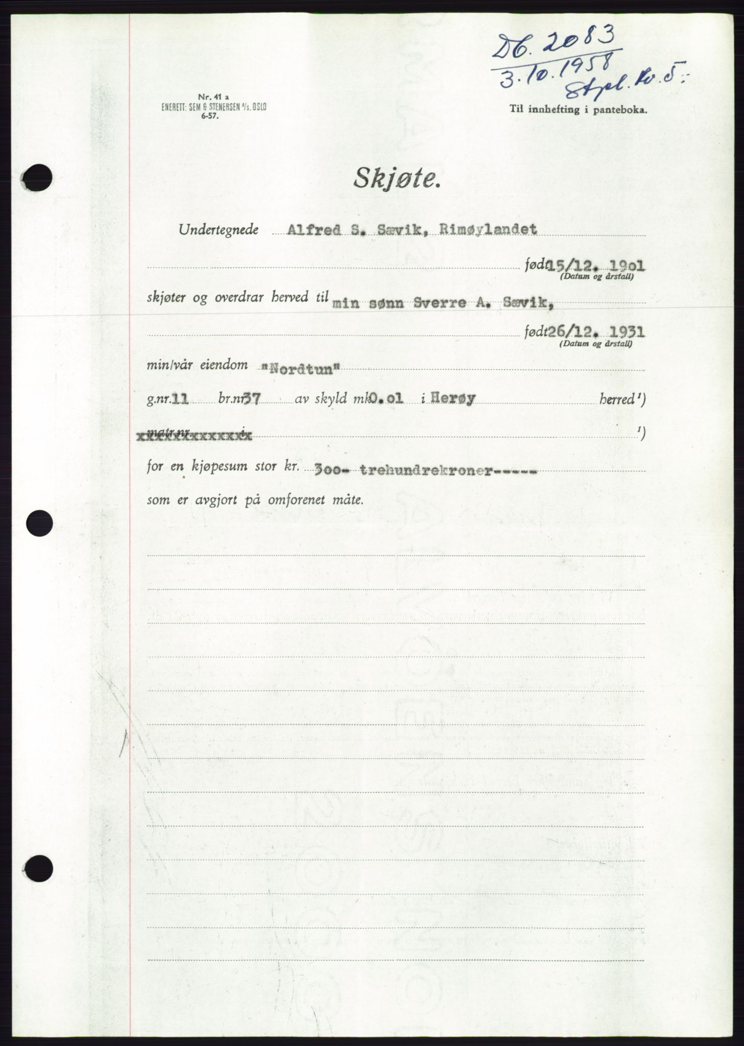 Søre Sunnmøre sorenskriveri, AV/SAT-A-4122/1/2/2C/L0110: Pantebok nr. 36A, 1958-1958, Dagboknr: 2083/1958