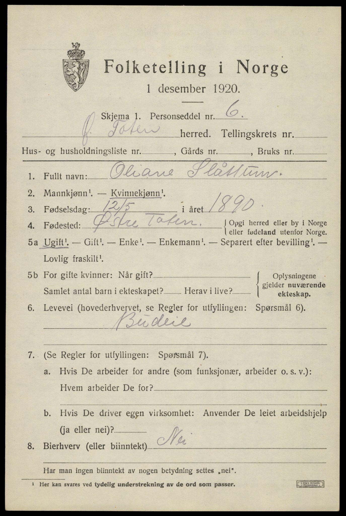 SAH, Folketelling 1920 for 0528 Østre Toten herred, 1920, s. 8308