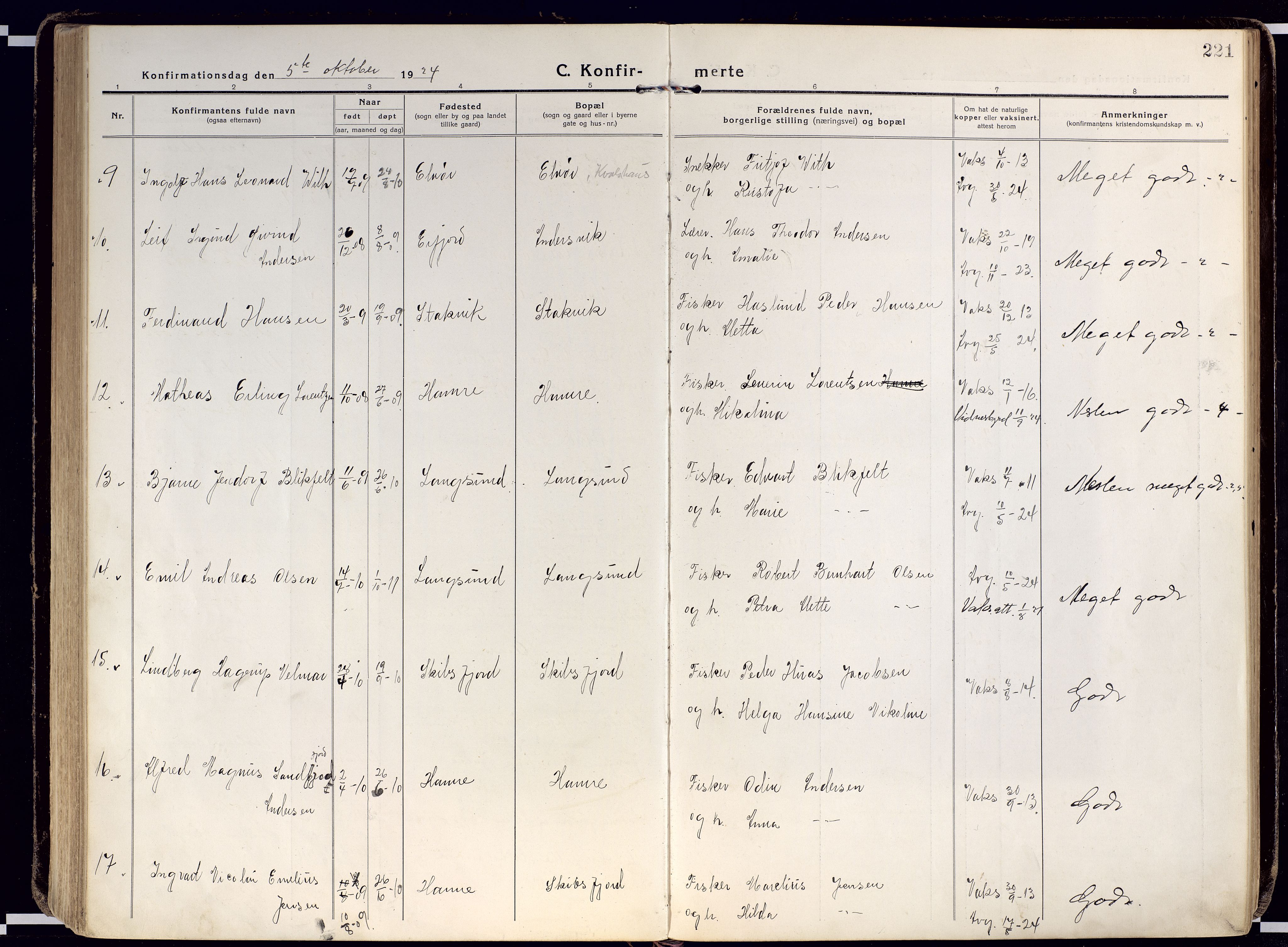 Karlsøy sokneprestembete, AV/SATØ-S-1299/H/Ha/Haa/L0015kirke: Ministerialbok nr. 15, 1918-1929, s. 221