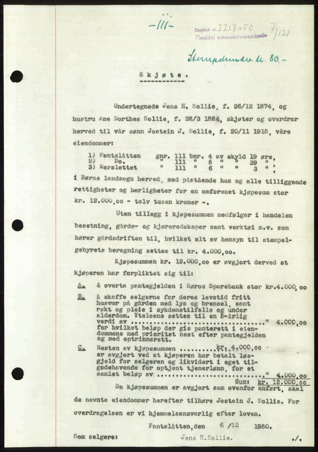 Gauldal sorenskriveri, SAT/A-0014/1/2/2C: Pantebok nr. A11, 1950-1950, Dagboknr: 2217/1950