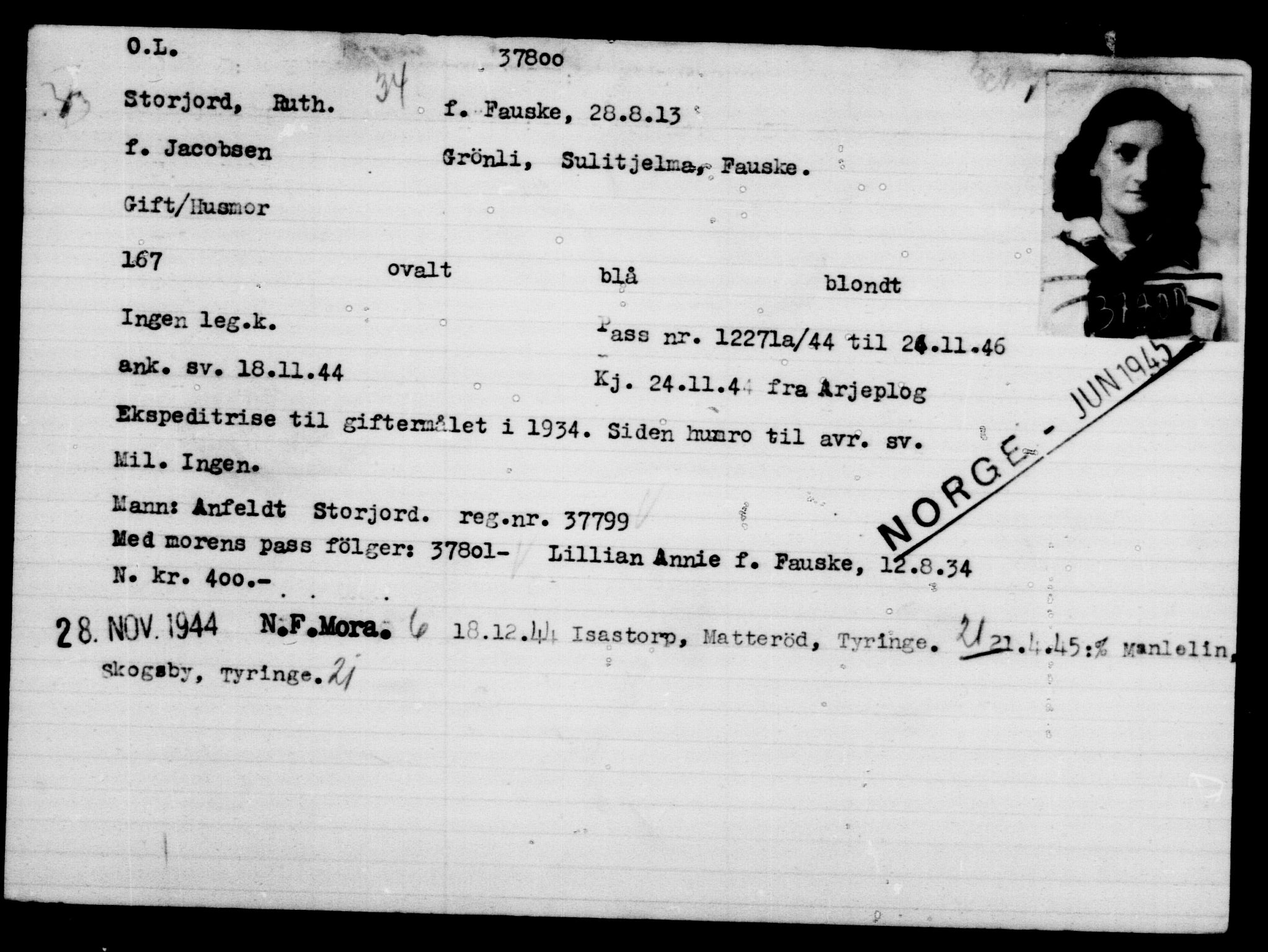 Utenriksstasjonene, Legasjonen i Stockholm, Flyktningkontoret, AV/RA-S-6753/V/Va/L0015: Kjesäterkartoteket, flyktning nr. 37800-40770, 1940-1945, s. 2