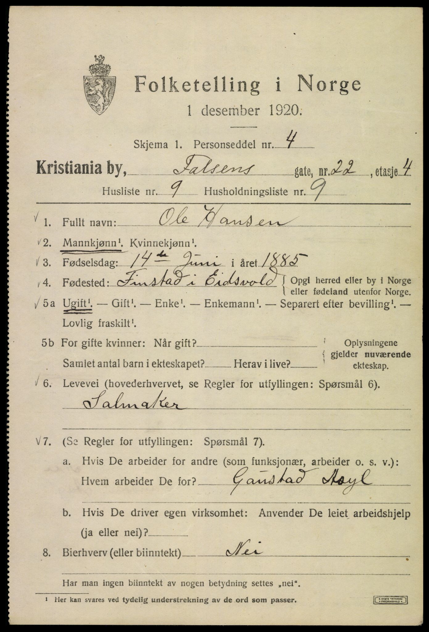 SAO, Folketelling 1920 for 0301 Kristiania kjøpstad, 1920, s. 226287