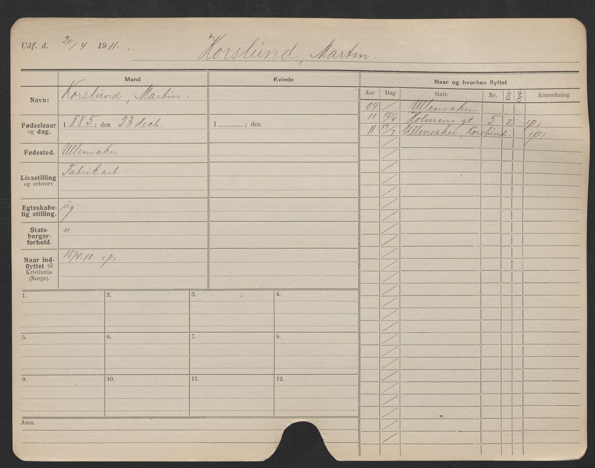 Oslo folkeregister, Registerkort, AV/SAO-A-11715/F/Fa/Fac/L0006: Menn, 1906-1914, s. 503a