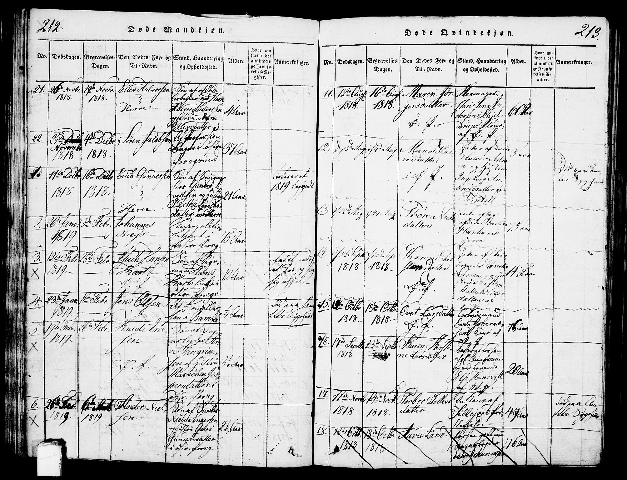 Porsgrunn kirkebøker , AV/SAKO-A-104/G/Gb/L0001: Klokkerbok nr. II 1, 1817-1828, s. 212-213