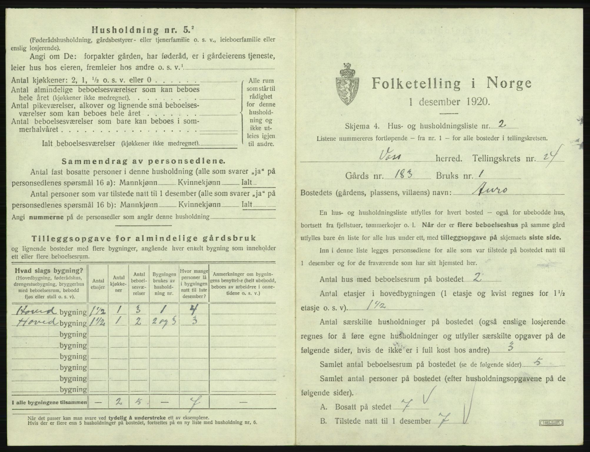 SAB, Folketelling 1920 for 1235 Voss herred, 1920, s. 2093