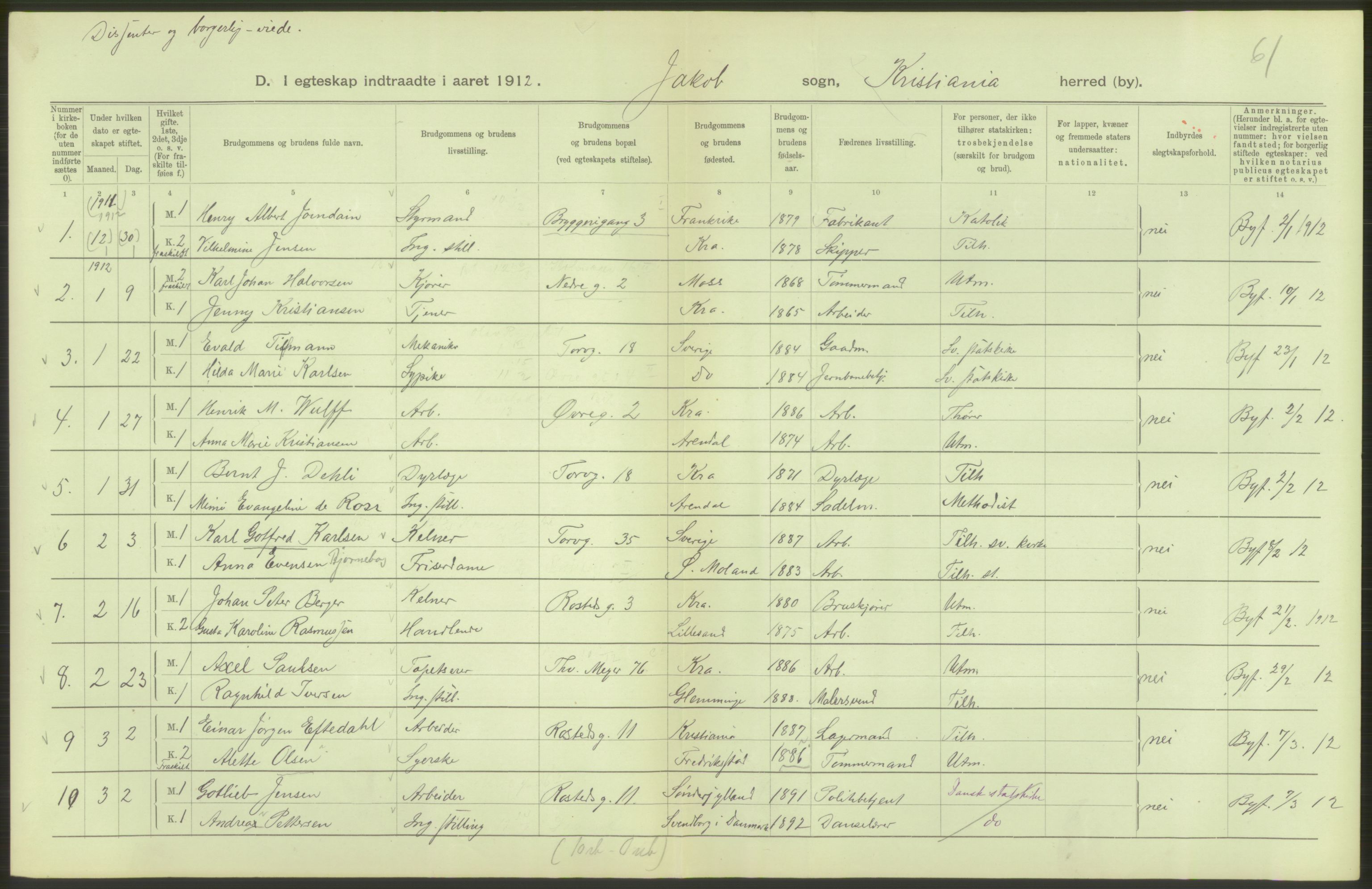 Statistisk sentralbyrå, Sosiodemografiske emner, Befolkning, RA/S-2228/D/Df/Dfb/Dfbb/L0008: Kristiania: Gifte, 1912, s. 278