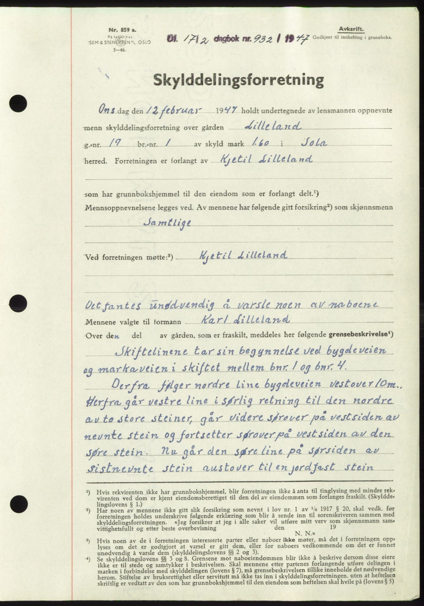 Jæren sorenskriveri, SAST/A-100310/03/G/Gba/L0093: Pantebok, 1947-1947, Dagboknr: 932/1947