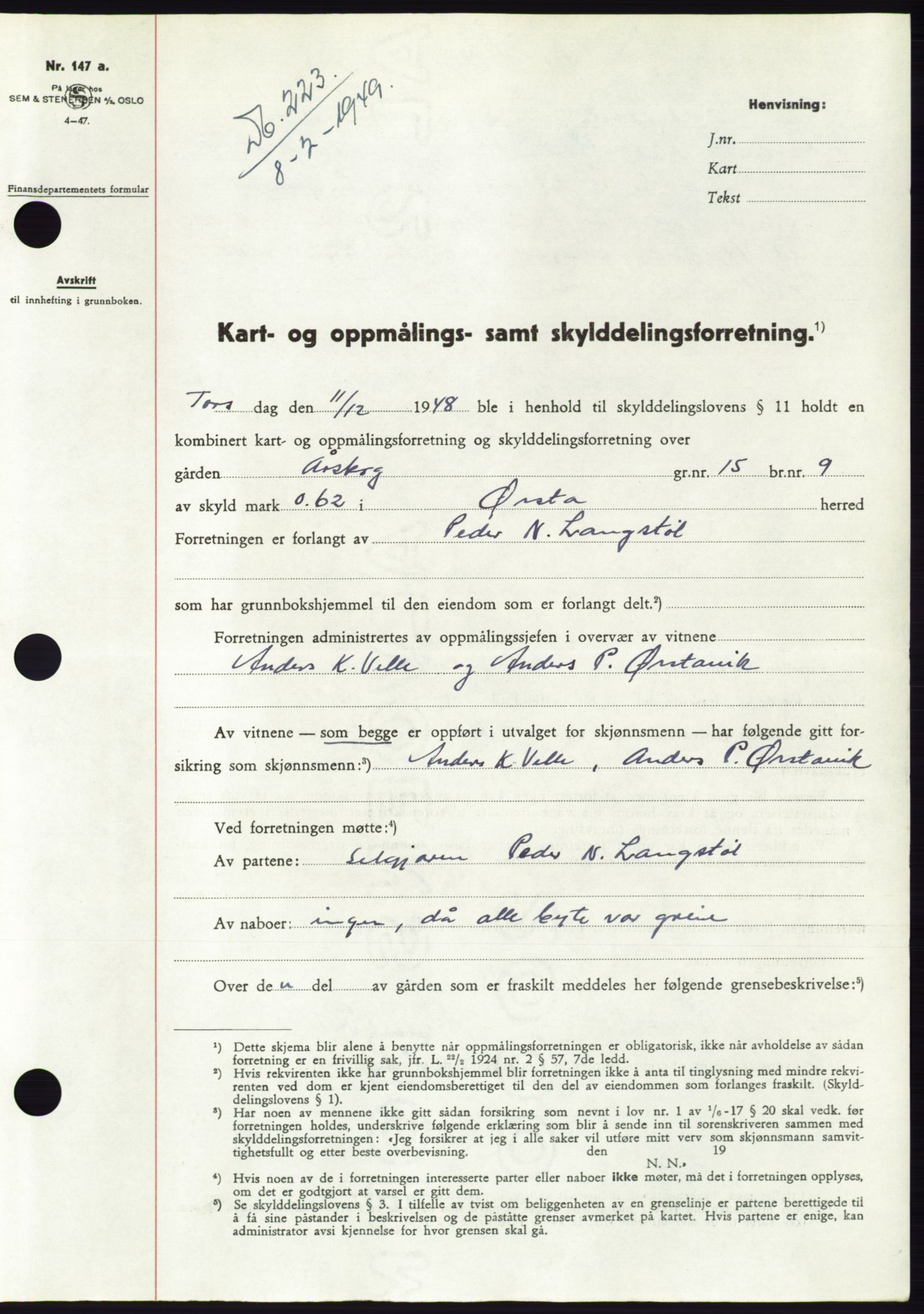 Søre Sunnmøre sorenskriveri, SAT/A-4122/1/2/2C/L0084: Pantebok nr. 10A, 1949-1949, Dagboknr: 223/1949