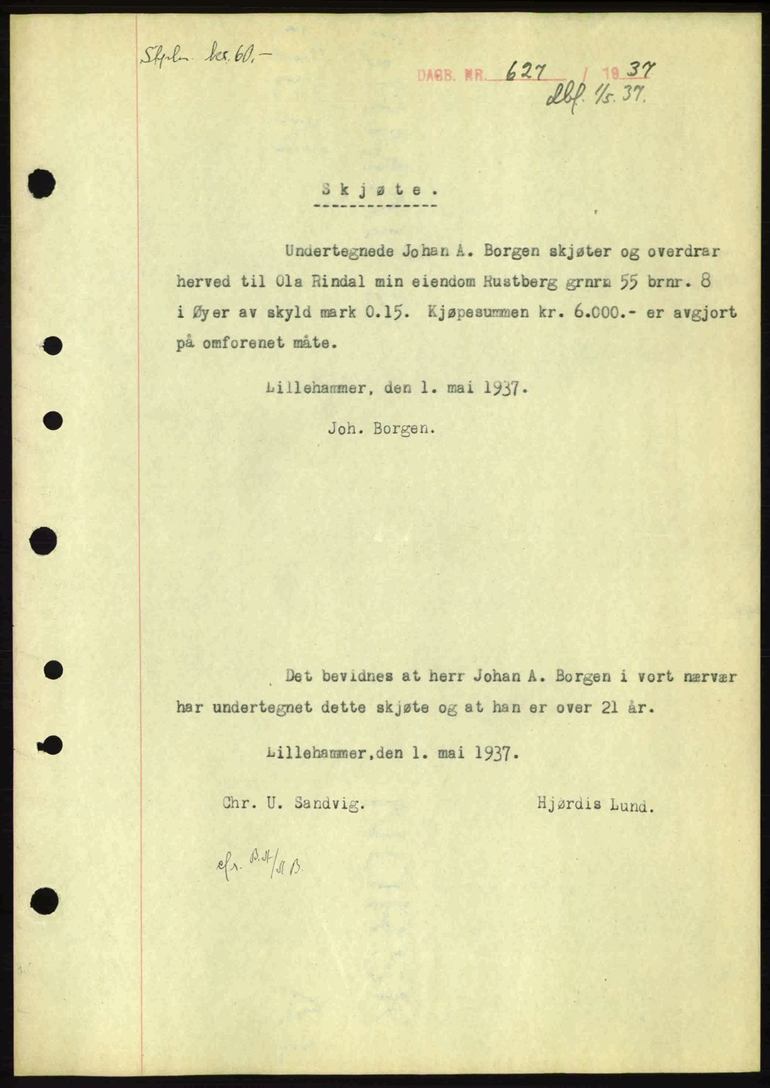 Sør-Gudbrandsdal tingrett, SAH/TING-004/H/Hb/Hbd/L0002: Pantebok nr. A2, 1936-1937, Dagboknr: 627/1937