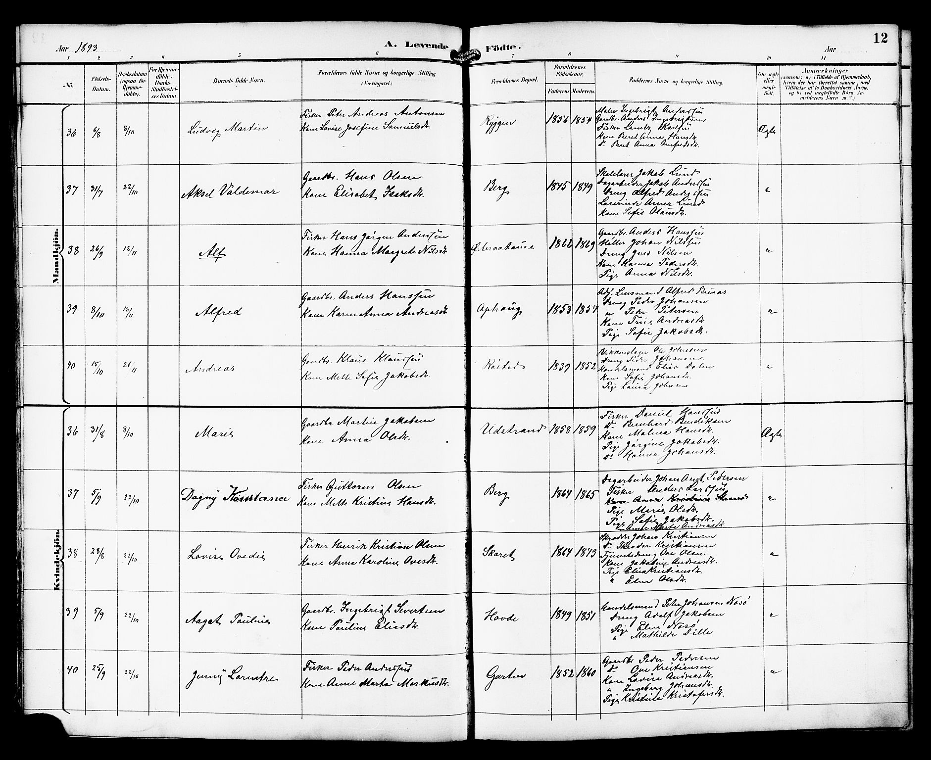 Ministerialprotokoller, klokkerbøker og fødselsregistre - Sør-Trøndelag, AV/SAT-A-1456/659/L0746: Klokkerbok nr. 659C03, 1893-1912, s. 12