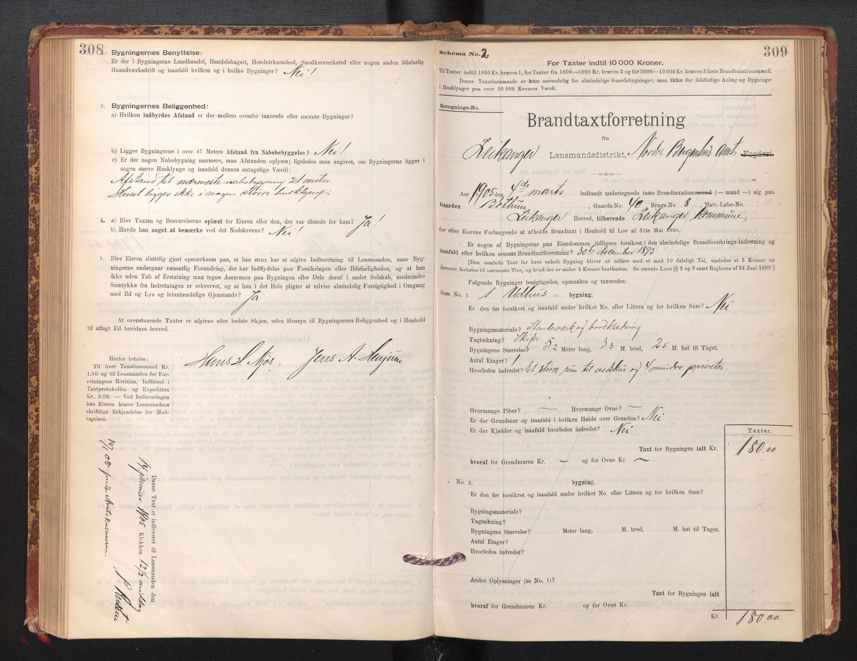 Lensmannen i Leikanger, AV/SAB-A-29201/0012/L0004: Branntakstprotokoll, skjematakst, 1894-1903, s. 308-309