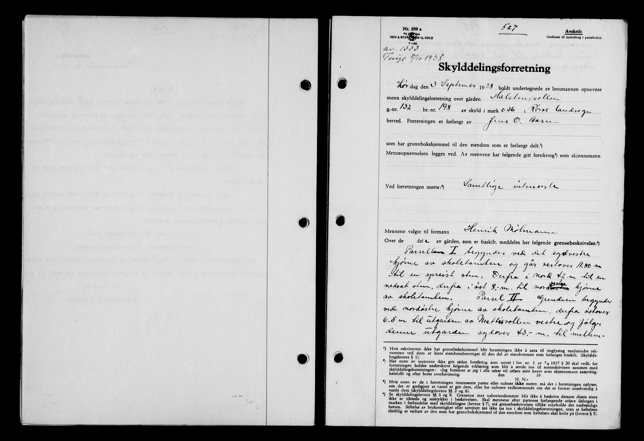 Gauldal sorenskriveri, SAT/A-0014/1/2/2C/L0049: Pantebok nr. 53, 1938-1938, Dagboknr: 1333/1938