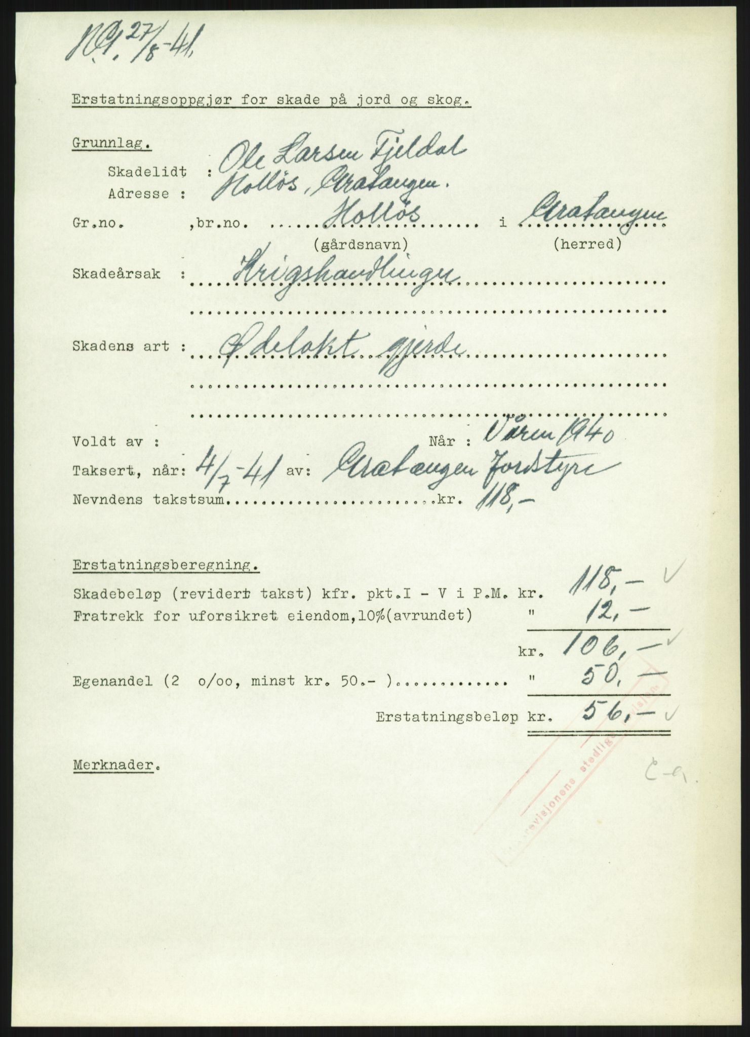 Forsvarsdepartementet, 10. kontor / Oppgjørskontoret, AV/RA-RAFA-1225/D/Dd/L0480: Troms, 1942-1953, s. 28
