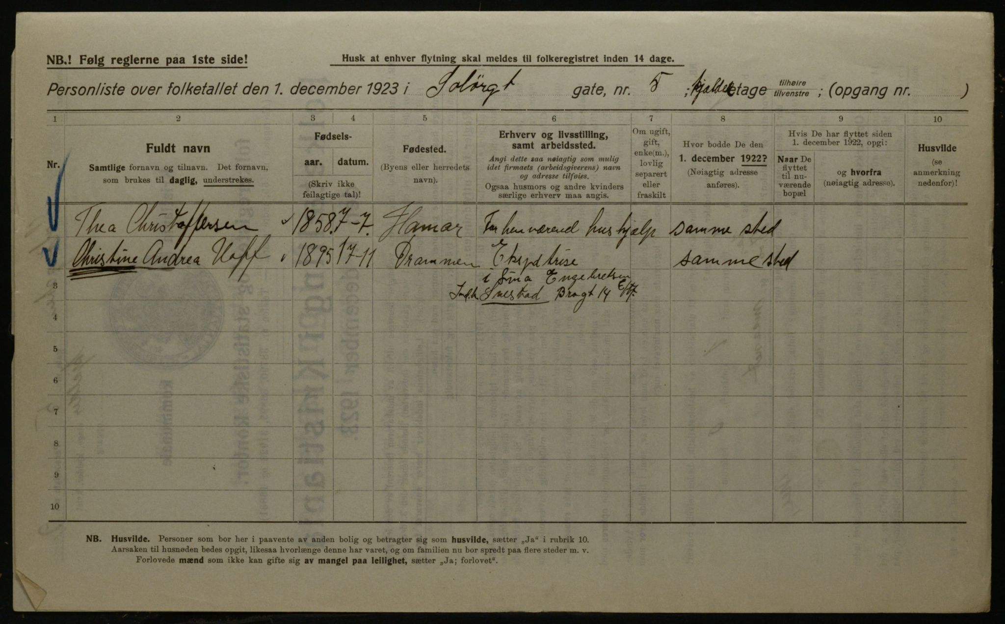 OBA, Kommunal folketelling 1.12.1923 for Kristiania, 1923, s. 109842