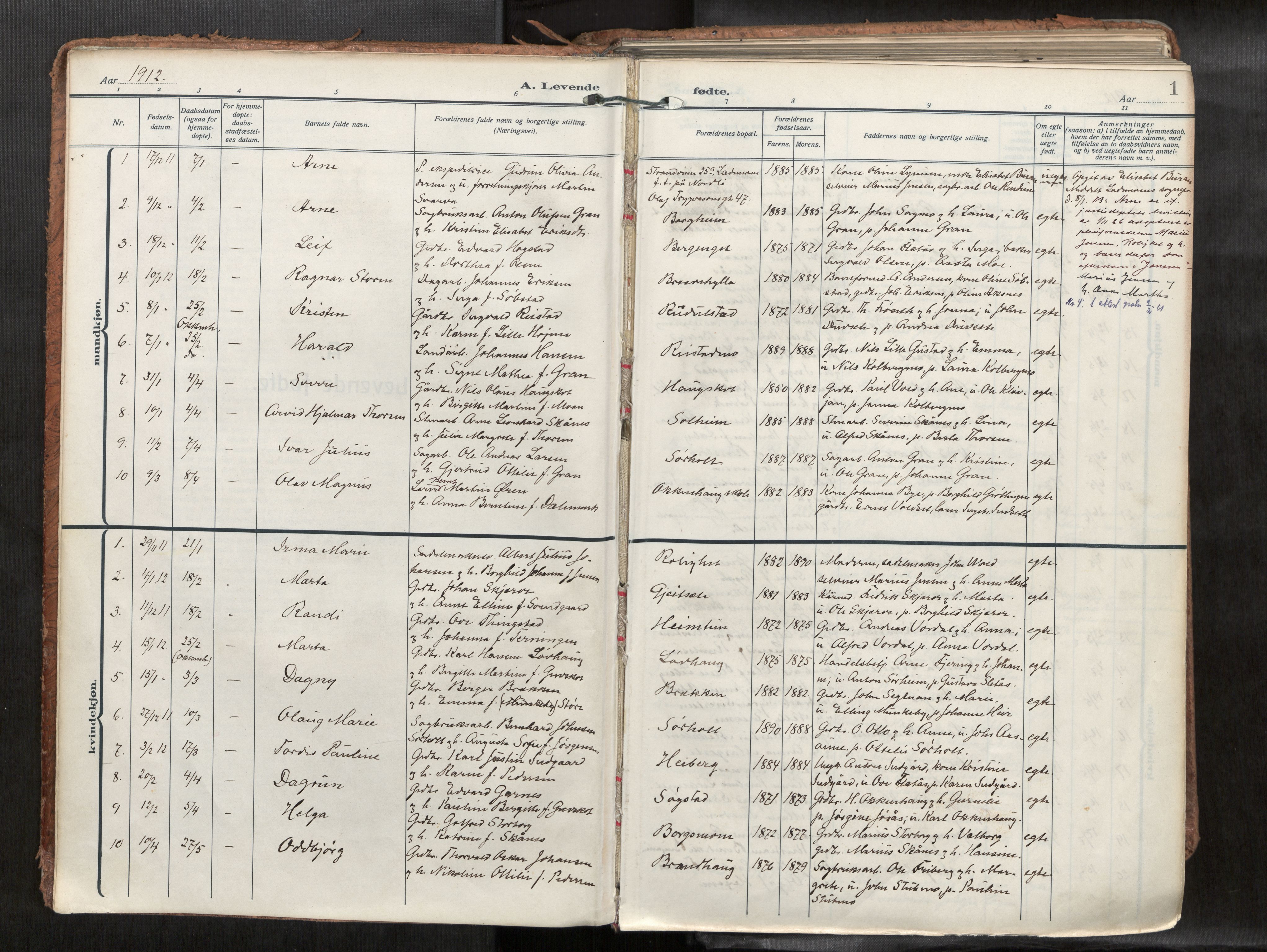 Levanger sokneprestkontor, AV/SAT-A-1301/2/H/Haa/L0002: Ministerialbok nr. 2, 1912-1935, s. 1