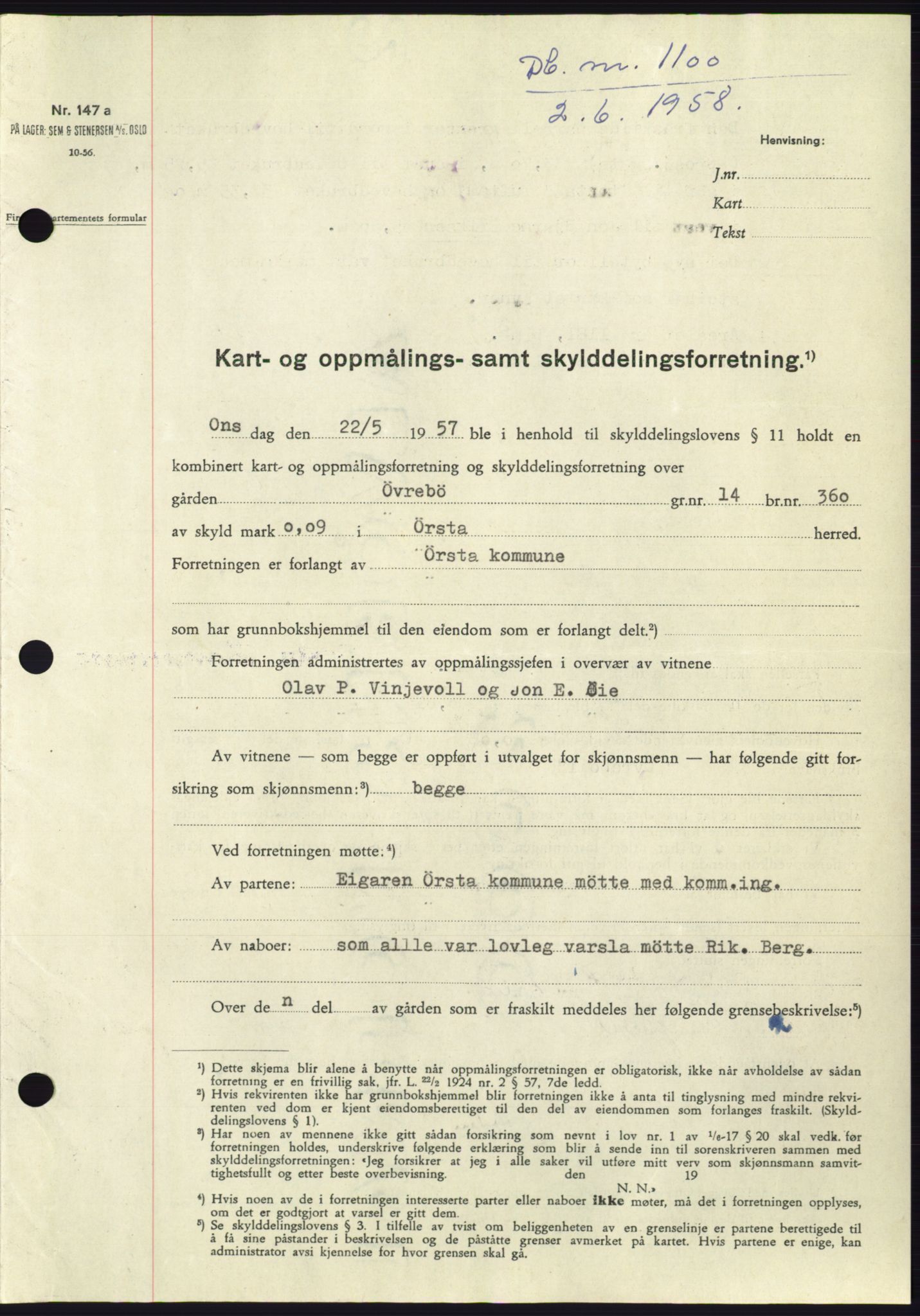 Søre Sunnmøre sorenskriveri, SAT/A-4122/1/2/2C/L0109: Pantebok nr. 35A, 1958-1958, Dagboknr: 1100/1958