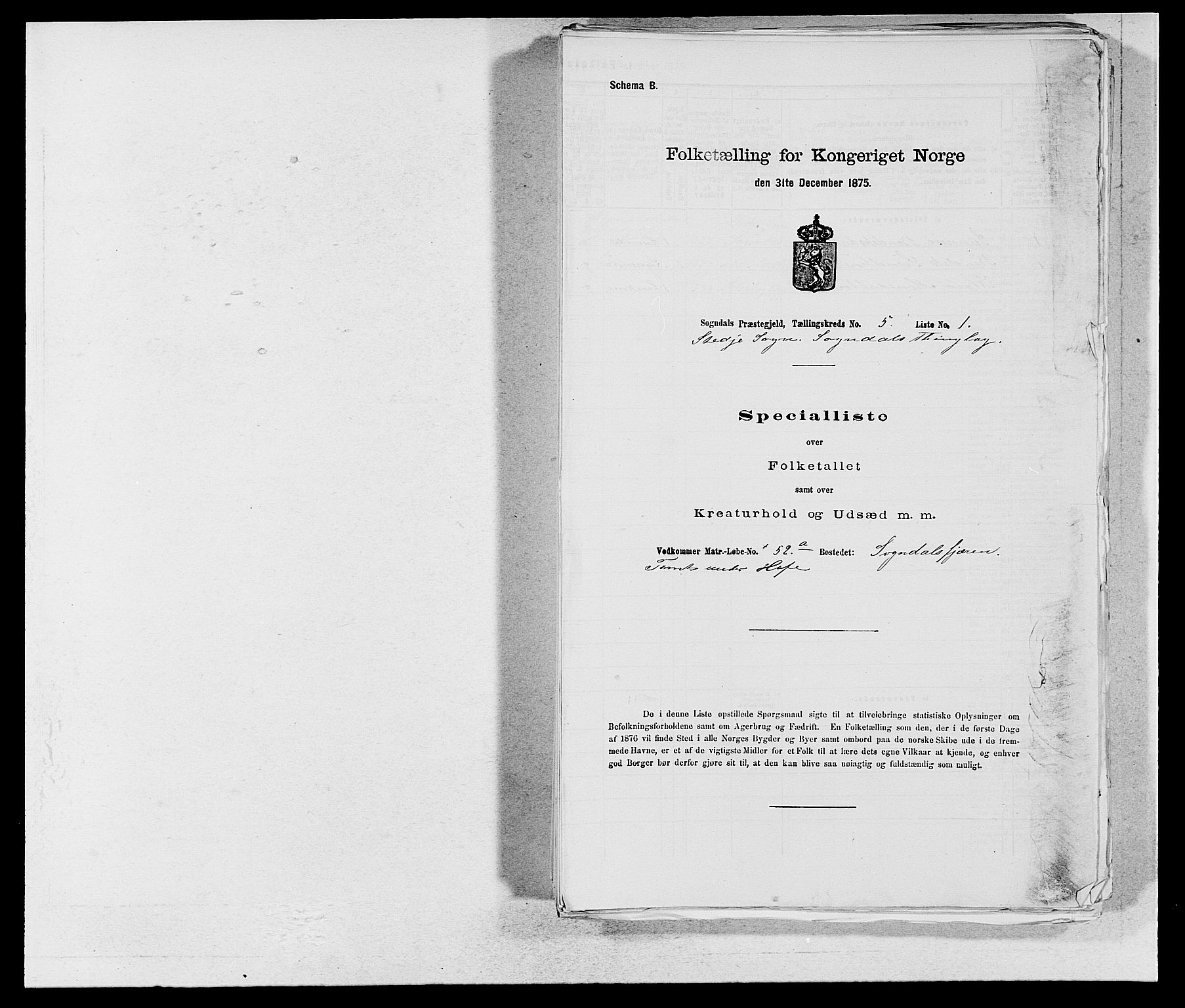 SAB, Folketelling 1875 for 1420P Sogndal prestegjeld, 1875, s. 374