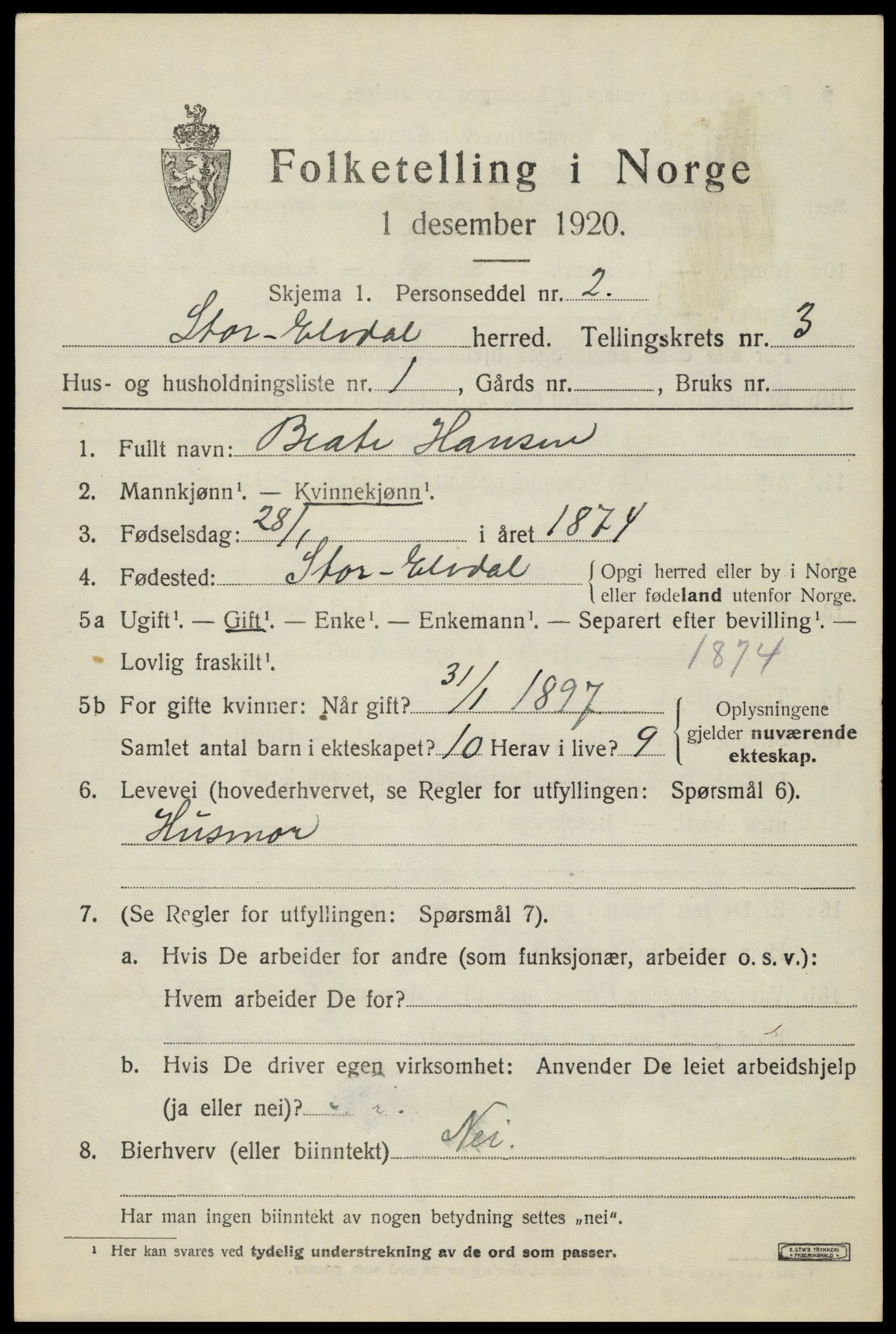 SAH, Folketelling 1920 for 0430 Stor-Elvdal herred, 1920, s. 2798