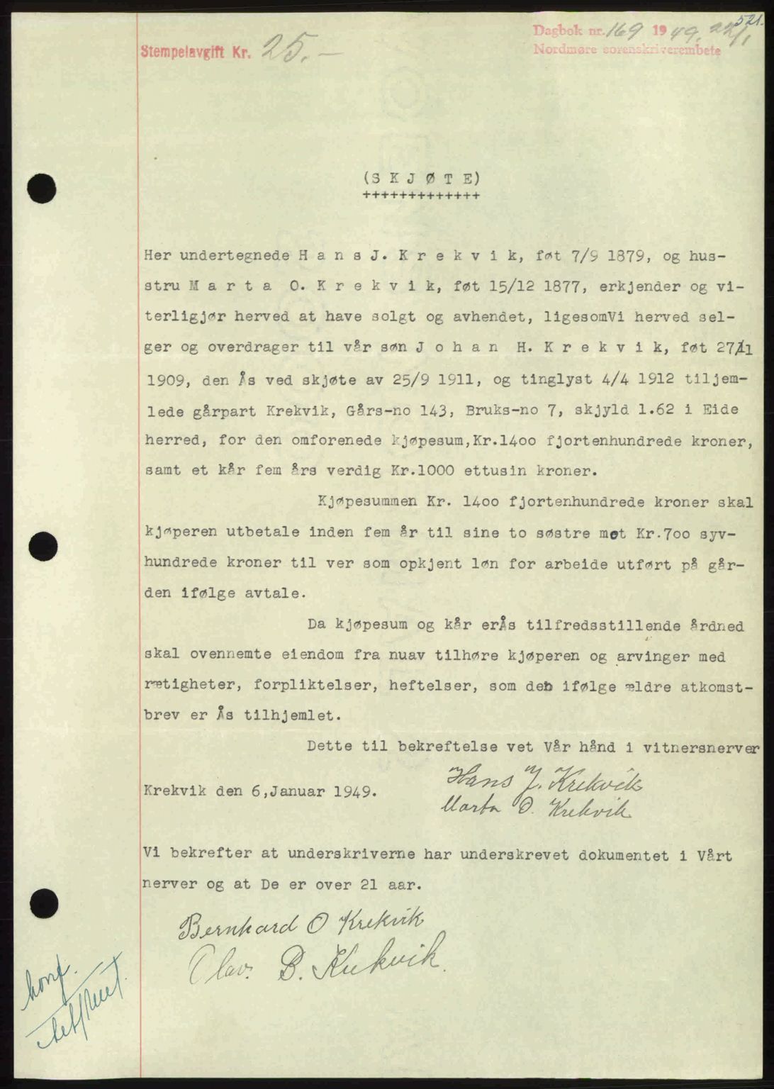 Nordmøre sorenskriveri, SAT/A-4132/1/2/2Ca: Pantebok nr. A110, 1948-1949, Dagboknr: 169/1949