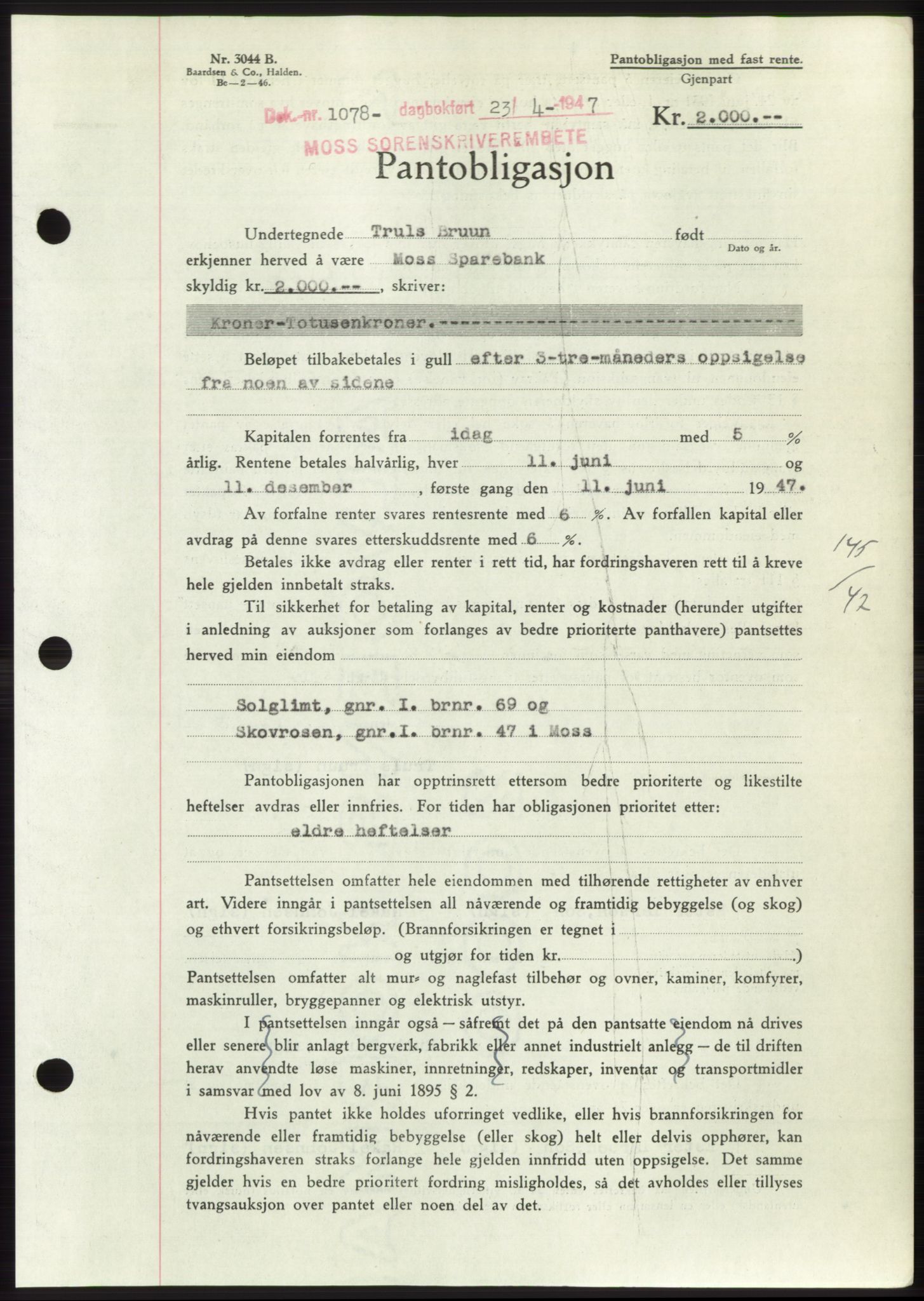 Moss sorenskriveri, SAO/A-10168: Pantebok nr. B17, 1947-1947, Dagboknr: 1078/1947