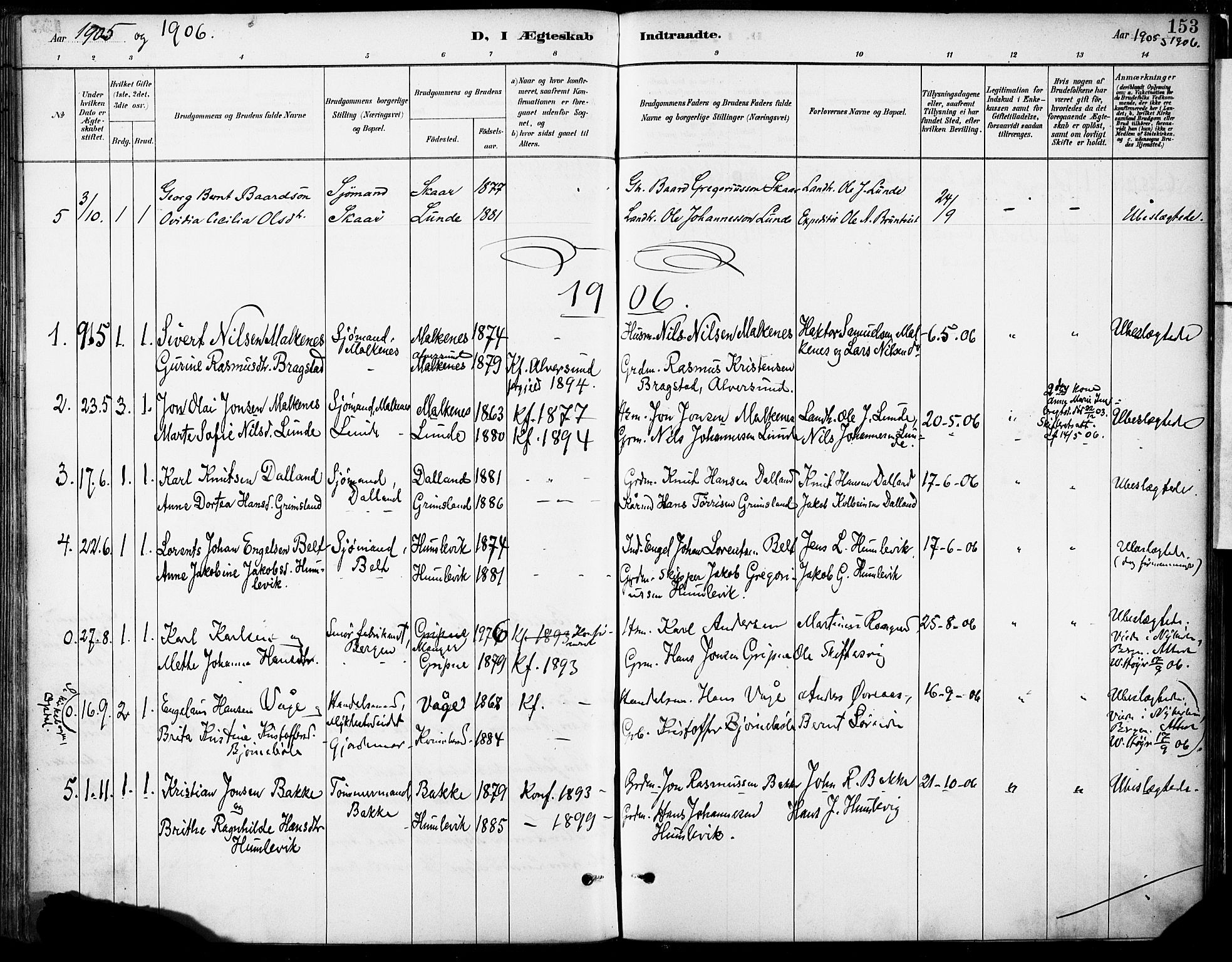 Tysnes sokneprestembete, AV/SAB-A-78601/H/Haa: Ministerialbok nr. B 1, 1887-1906, s. 153