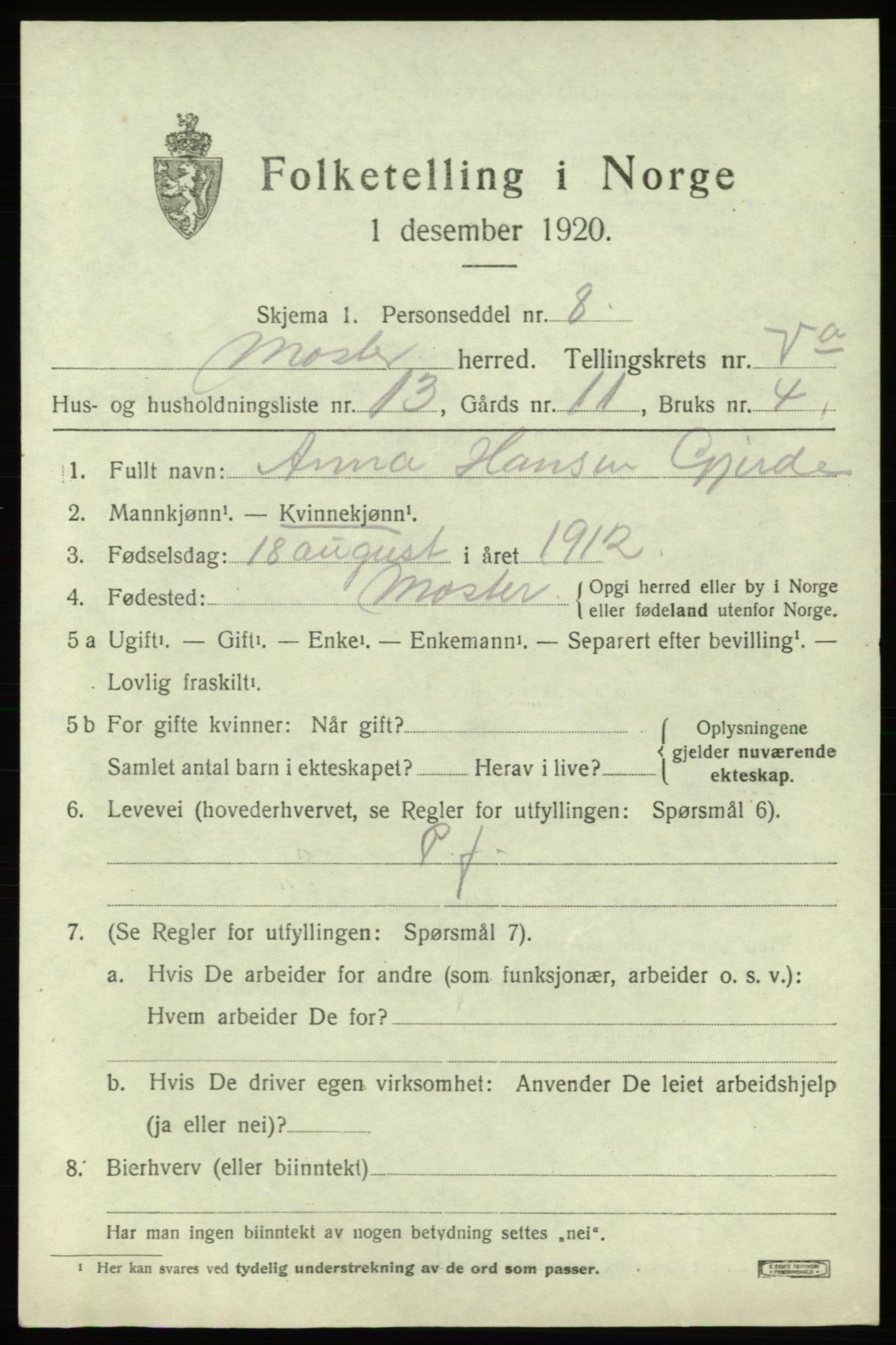SAB, Folketelling 1920 for 1218 Moster herred, 1920, s. 1675