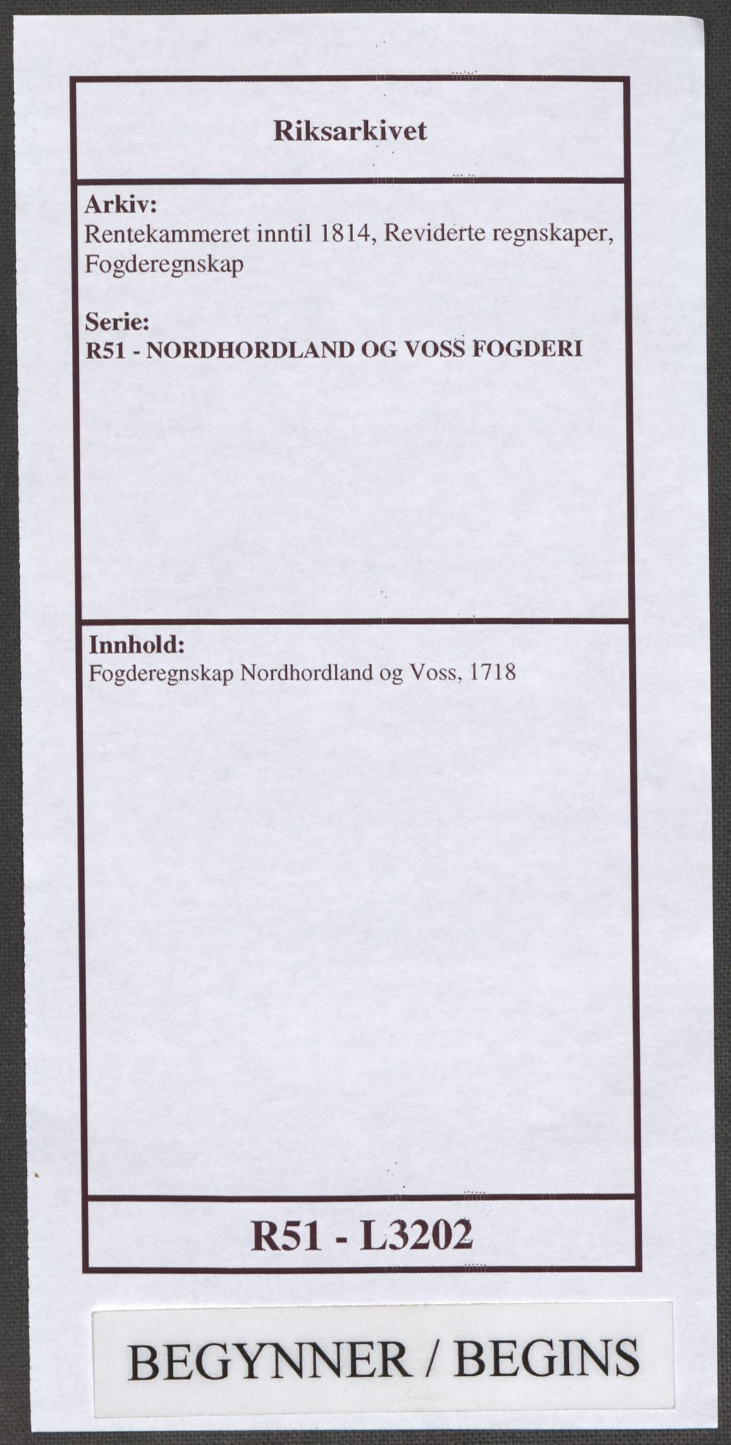 Rentekammeret inntil 1814, Reviderte regnskaper, Fogderegnskap, AV/RA-EA-4092/R51/L3202: Fogderegnskap Nordhordland og Voss, 1718, s. 1