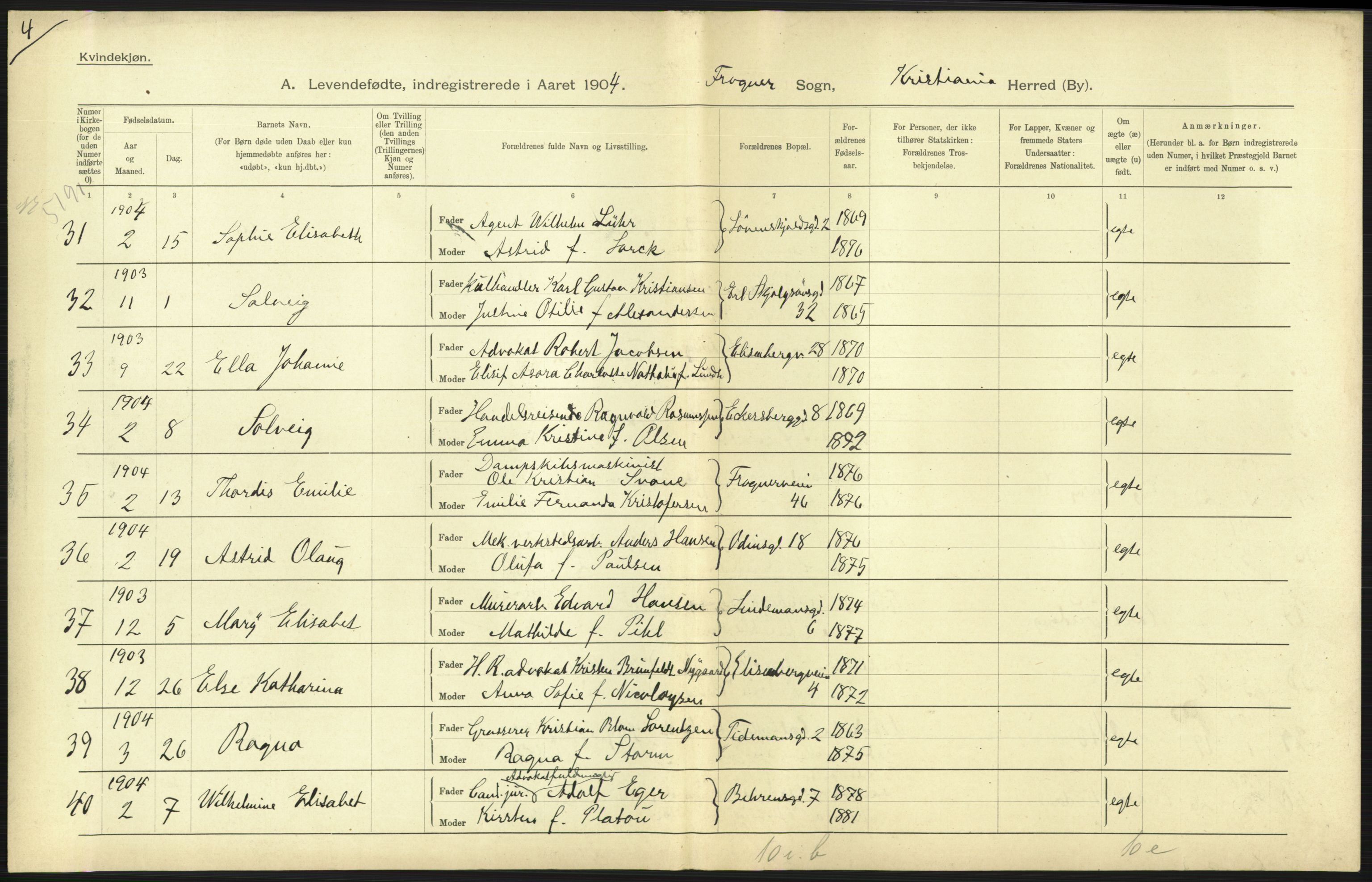 Statistisk sentralbyrå, Sosiodemografiske emner, Befolkning, AV/RA-S-2228/D/Df/Dfa/Dfab/L0003: Kristiania: Fødte, 1904, s. 53
