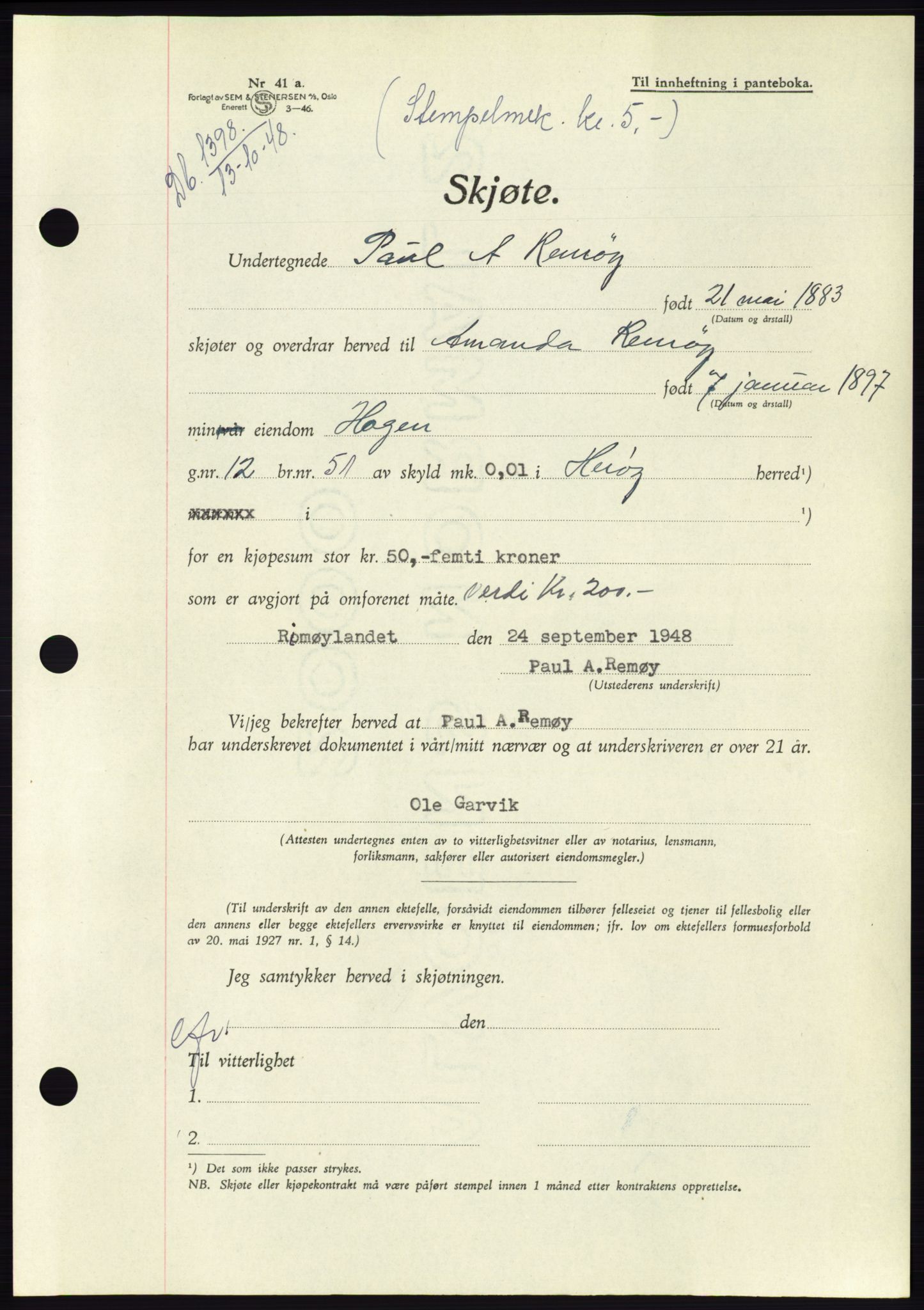 Søre Sunnmøre sorenskriveri, AV/SAT-A-4122/1/2/2C/L0083: Pantebok nr. 9A, 1948-1949, Dagboknr: 1398/1948