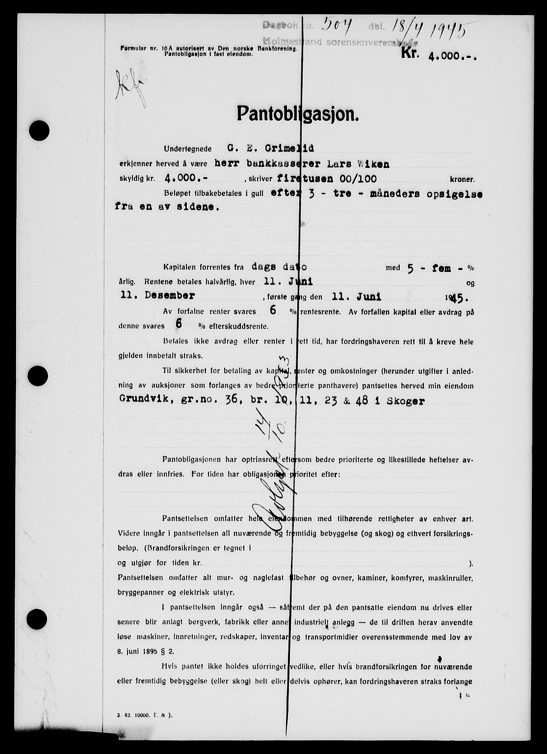 Holmestrand sorenskriveri, SAKO/A-67/G/Ga/Gab/L0055: Pantebok nr. B-55, 1945-1946, Dagboknr: 504/1945
