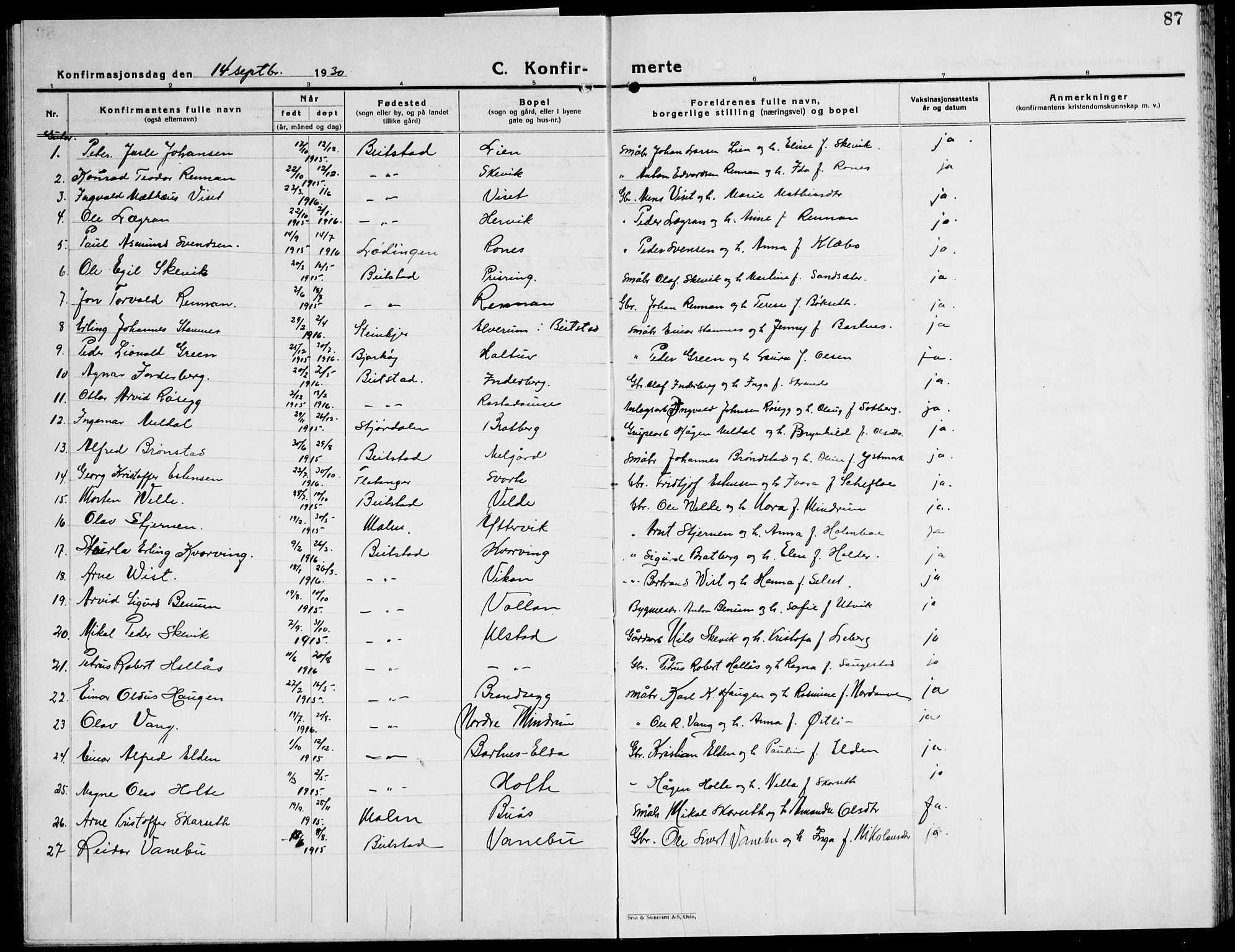 Ministerialprotokoller, klokkerbøker og fødselsregistre - Nord-Trøndelag, AV/SAT-A-1458/741/L0403: Klokkerbok nr. 741C04, 1925-1944, s. 87