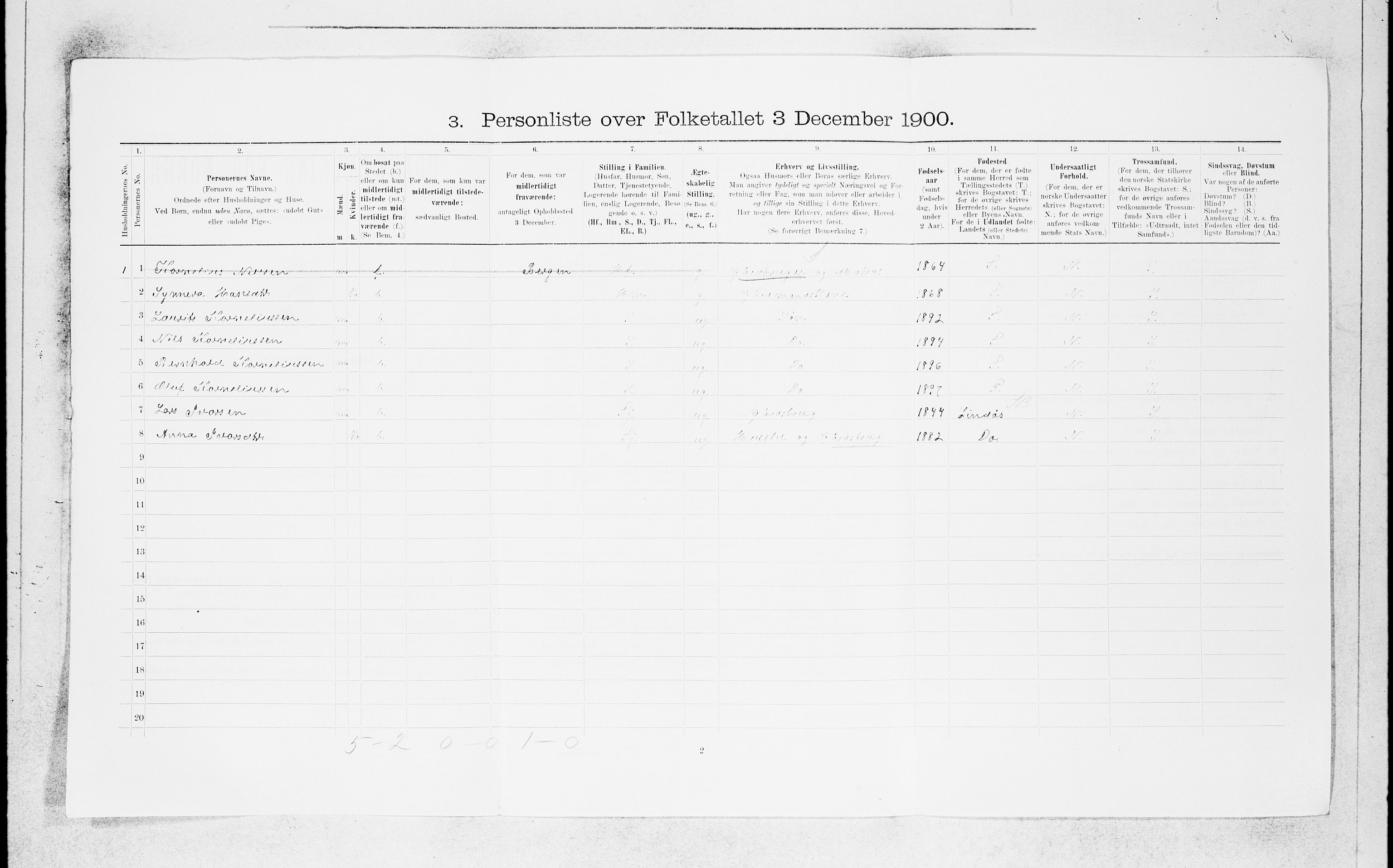 SAB, Folketelling 1900 for 1261 Manger herred, 1900, s. 1309