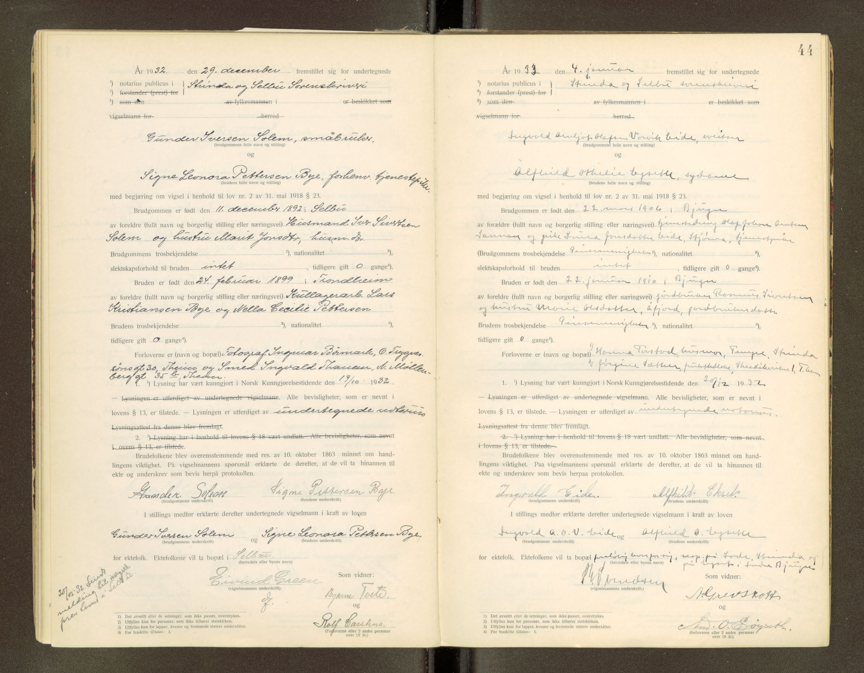 Strinda og Selbu sorenskriveri, AV/SAT-A-0015/6/6D/L0003: Vigselsbok, 1920-1942, s. 44