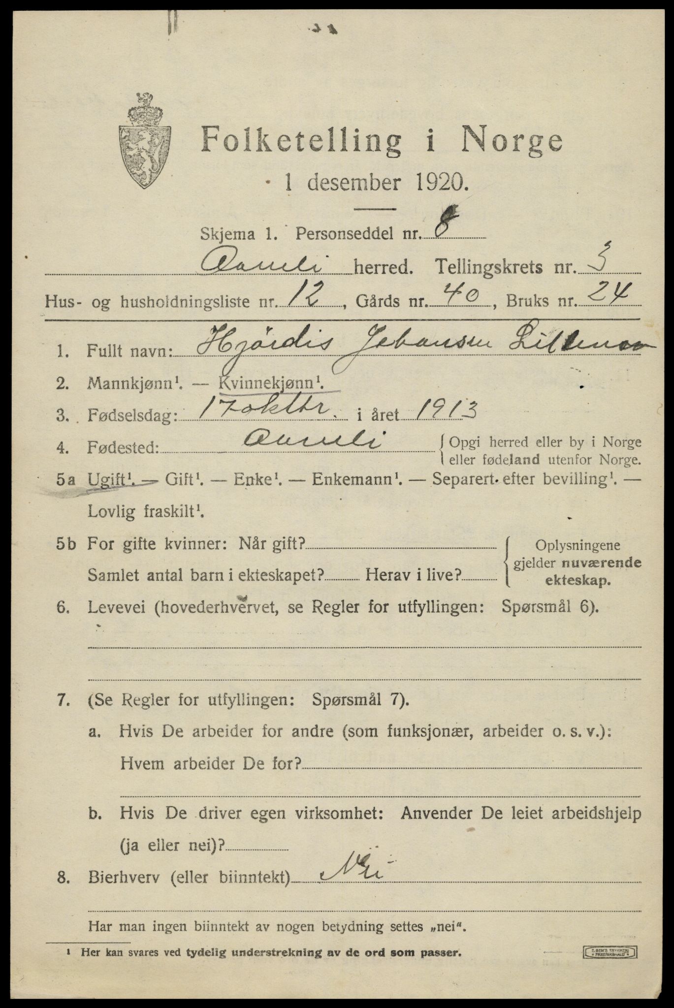 SAK, Folketelling 1920 for 0929 Åmli herred, 1920, s. 1411