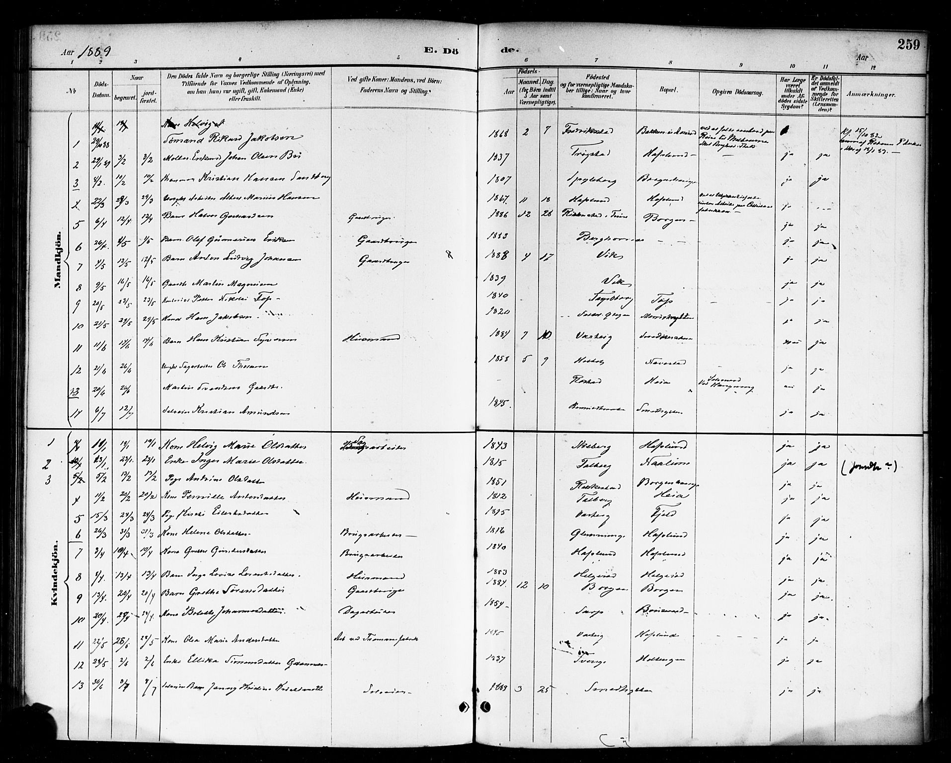Skjeberg prestekontor Kirkebøker, SAO/A-10923/F/Fa/L0009: Ministerialbok nr. I 9, 1886-1897, s. 259